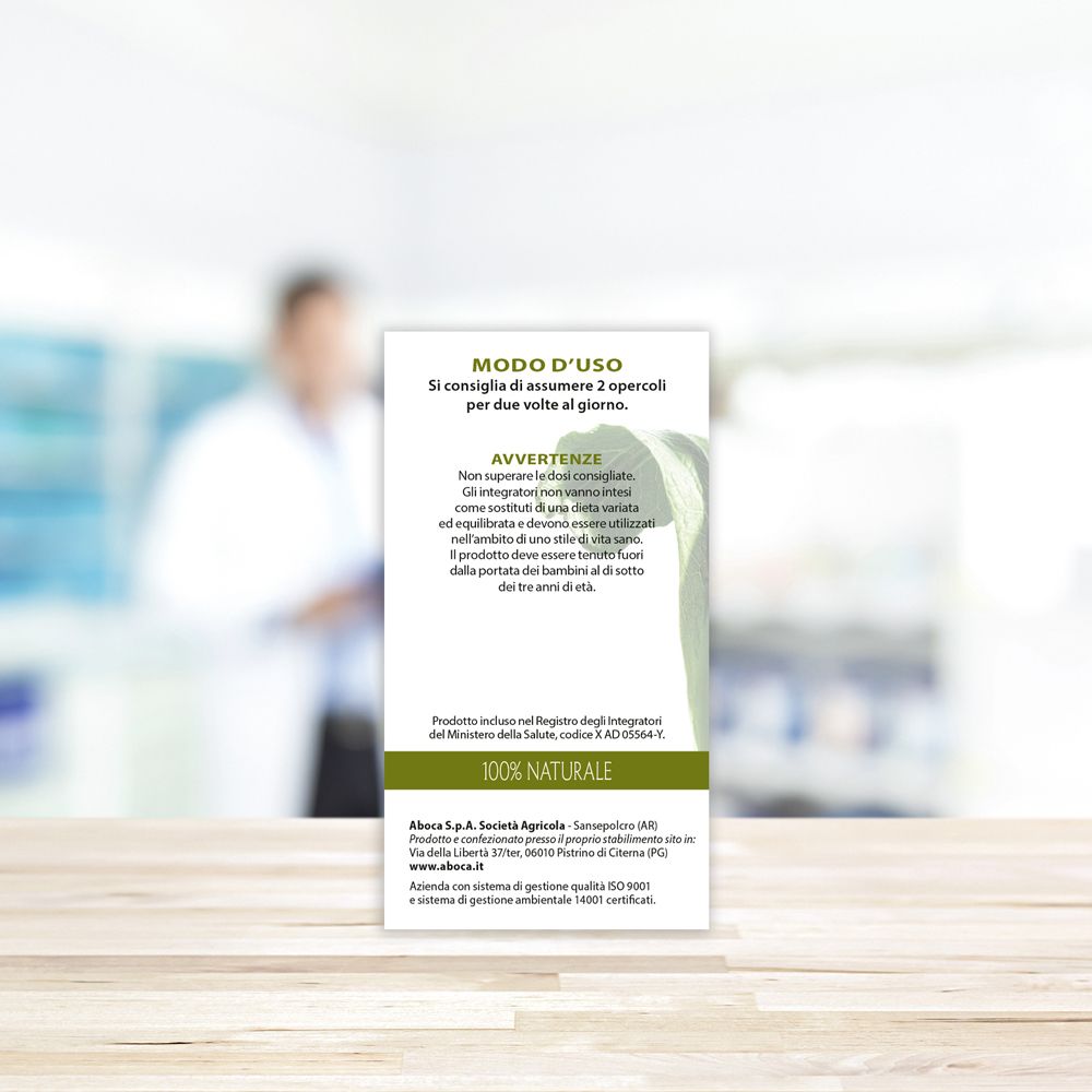 Rückseite der Produktverpackung von Aboca Carciofo Concentrato Totale. Text: Modo d'uso, 100% Natural.