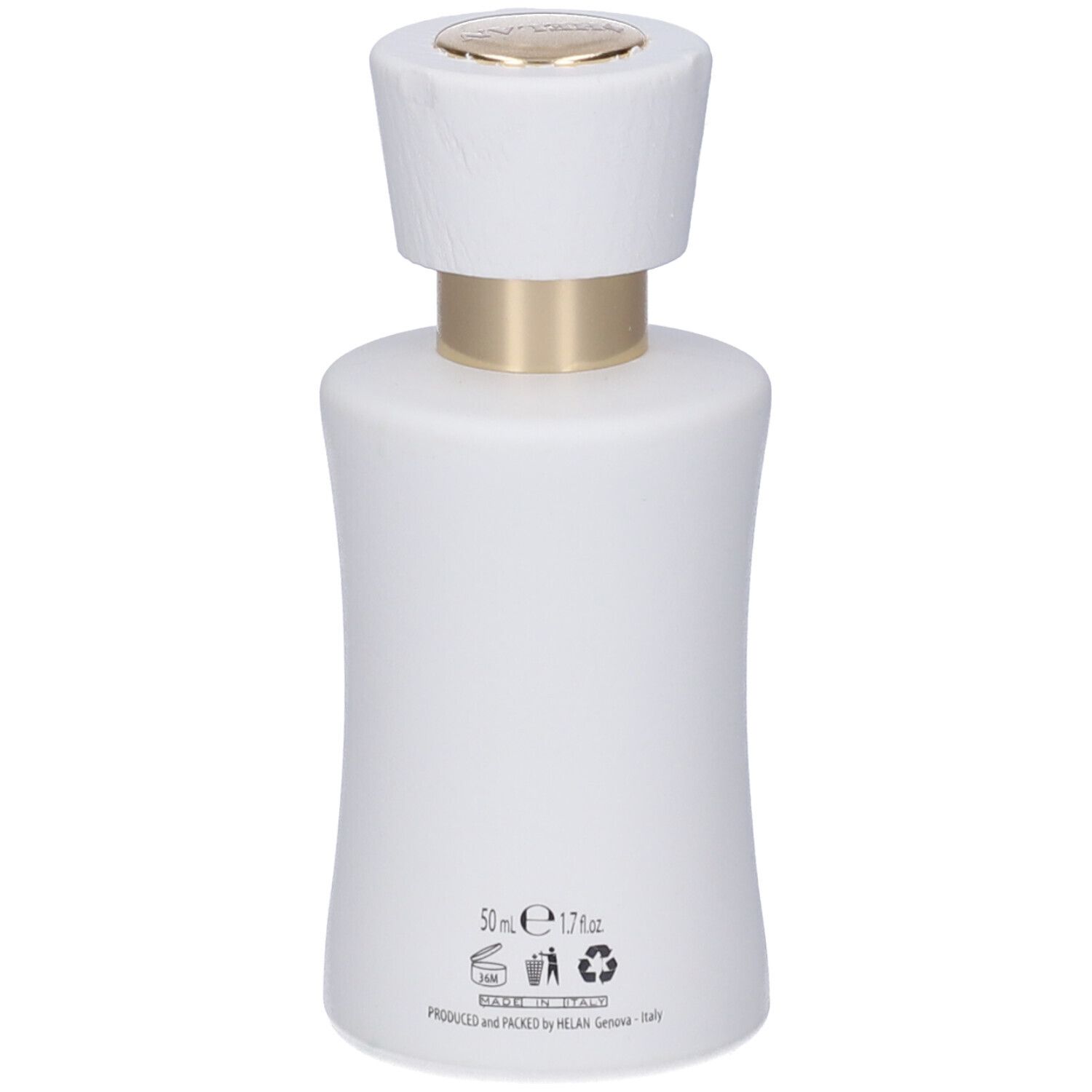 Weiße Parfümflasche mit goldenem Ring und weißem Verschluss. Enthält 50 ml.