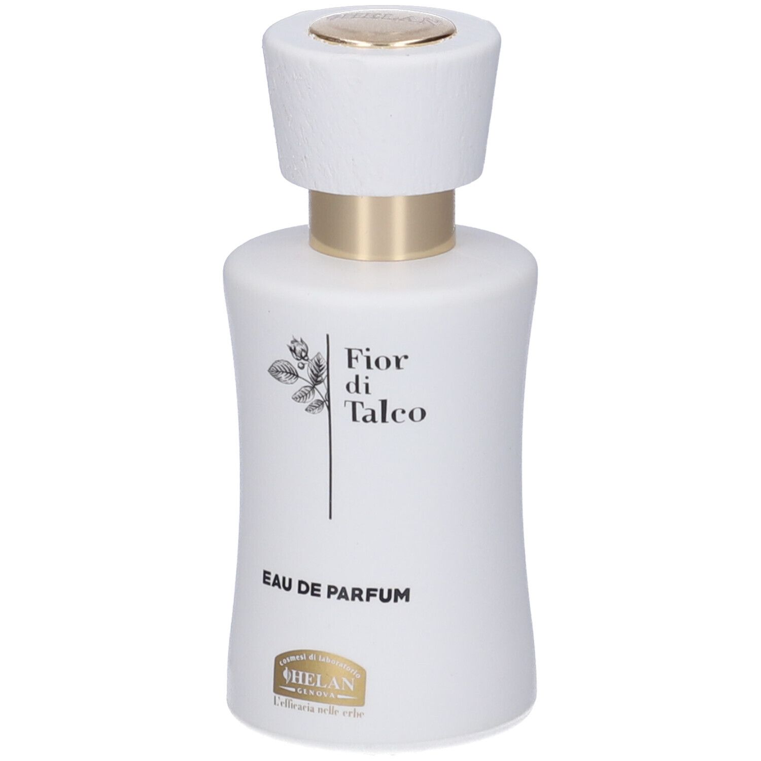 Weiße Parfümflasche mit weißem und goldenem Verschluss. Etikett mit „Fior di Talco“ und „EAU DE PARFUM“.