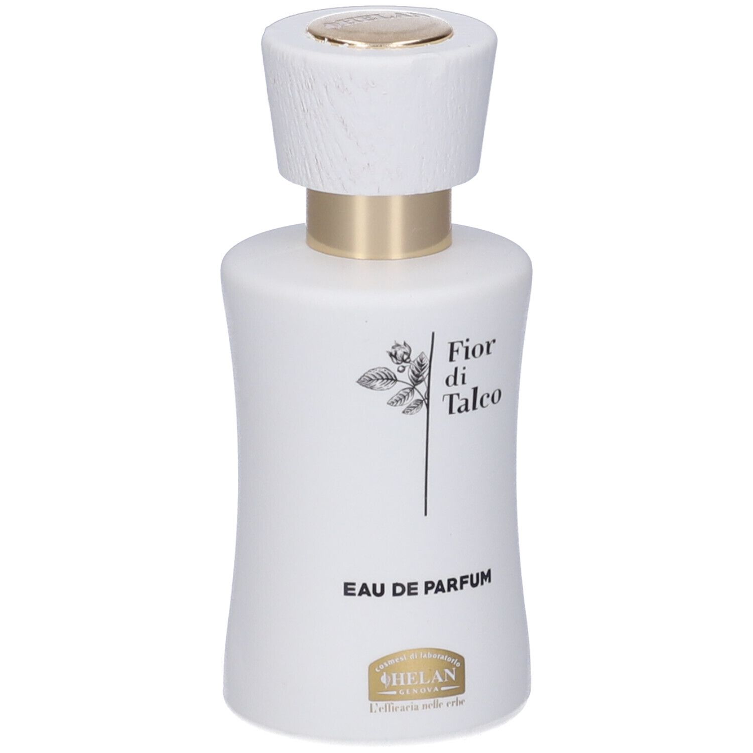 Weiße Eau de Parfum Flasche mit Holzimitat-Kappe und goldfarbenem Ring. Beschriftung: "Fior di Talco EAU DE PARFUM".