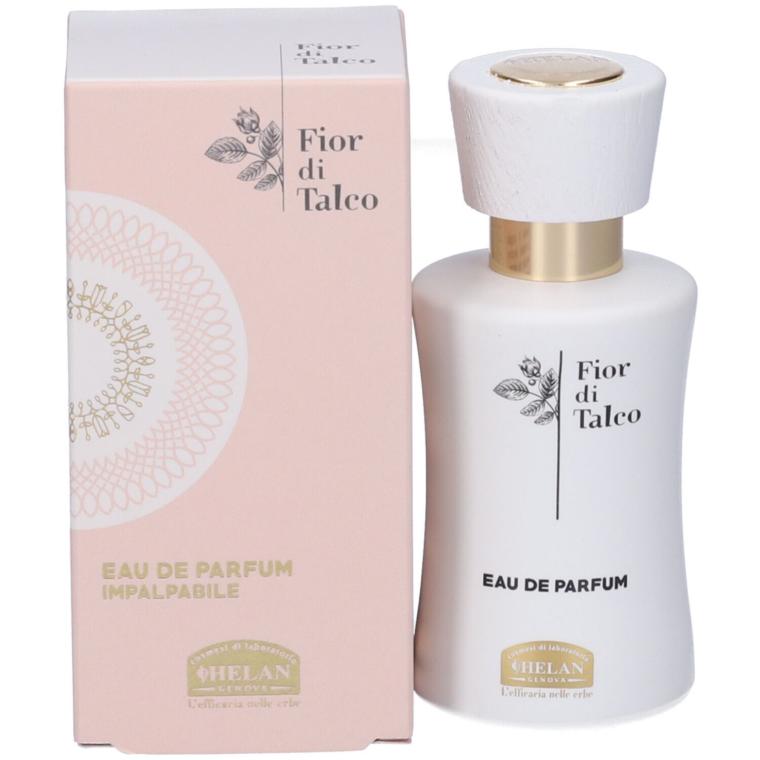 Weiße Eau de Parfum Flasche mit rosa Kartonverpackung. Beide zeigen 'Fior di Talco'.