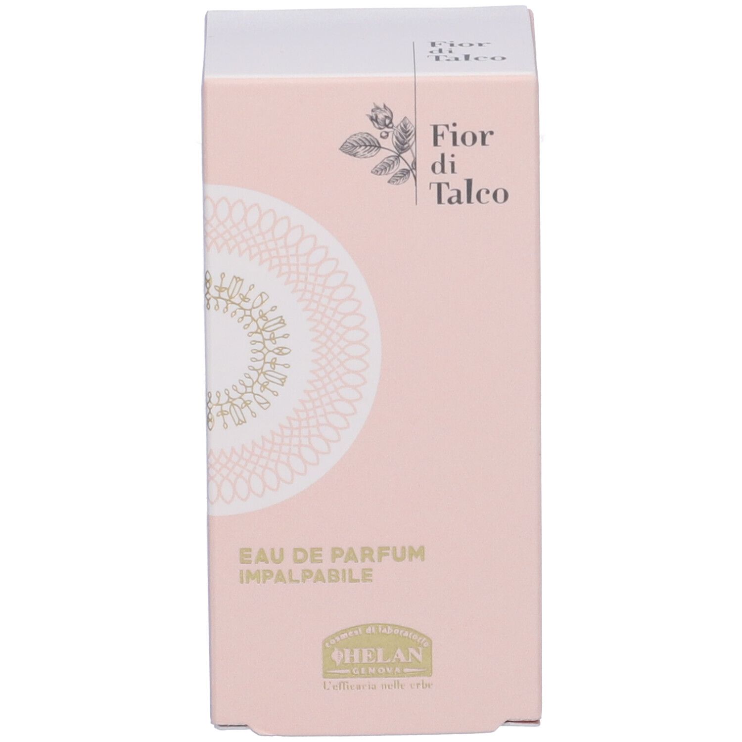 Rosa Verpackung für Eau de Parfum 'Fior di Talco' von HELAN. Mit floralem Motiv und Kreisornament.