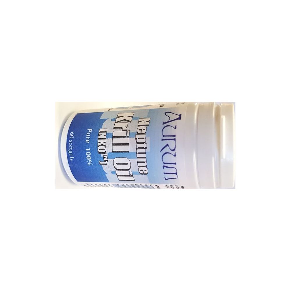 Flacone bianco con etichetta blu. Scritta: Aurum, Neptune Krill Oil, 60 softgels, Pure 100%.