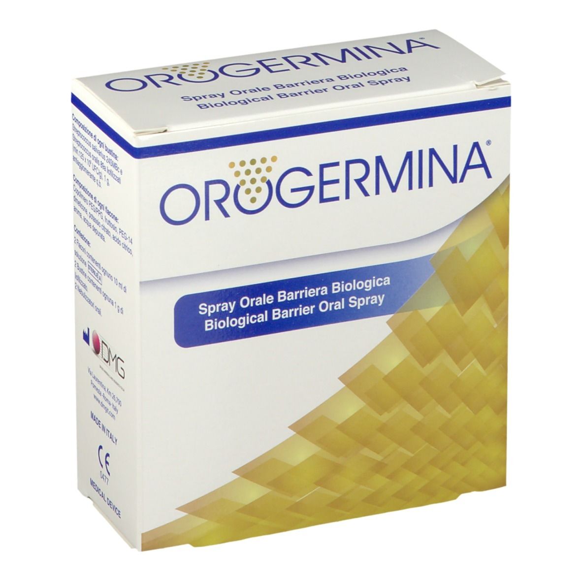 Scatola bianca con nome prodotto OROGERMINA. Elementi blu e gialli. Testo: Spray Orale Barriera Biologica, Biological Barrier Oral Spray.