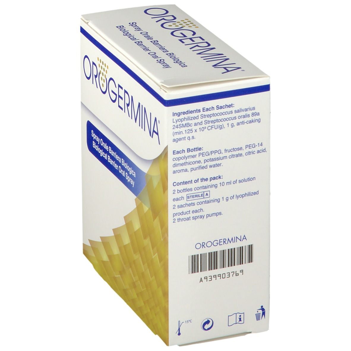 Confezione del prodotto con testo e ingredienti. Logo OROGERMINA. Contiene 2 flaconi, 2 bustine e 2 spray. Codice a barre e numero di lotto.