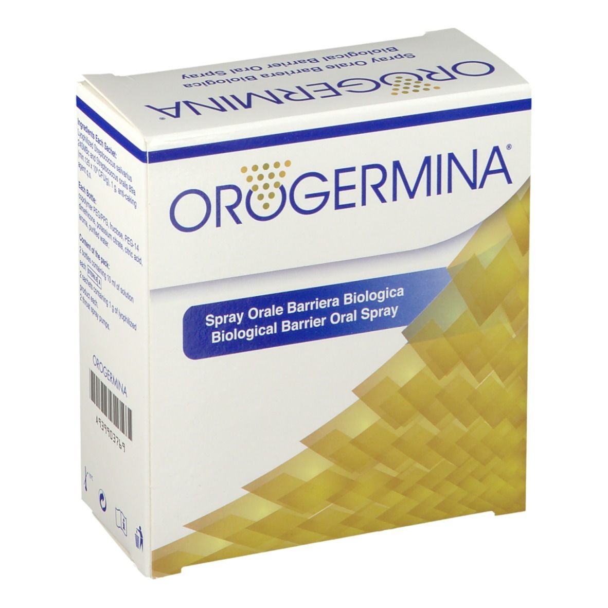Scatola bianca con nome prodotto OROGERMINA. Elementi blu e gialli. Testo: Spray Orale Barriera Biologica, Biological Barrier Oral Spray.