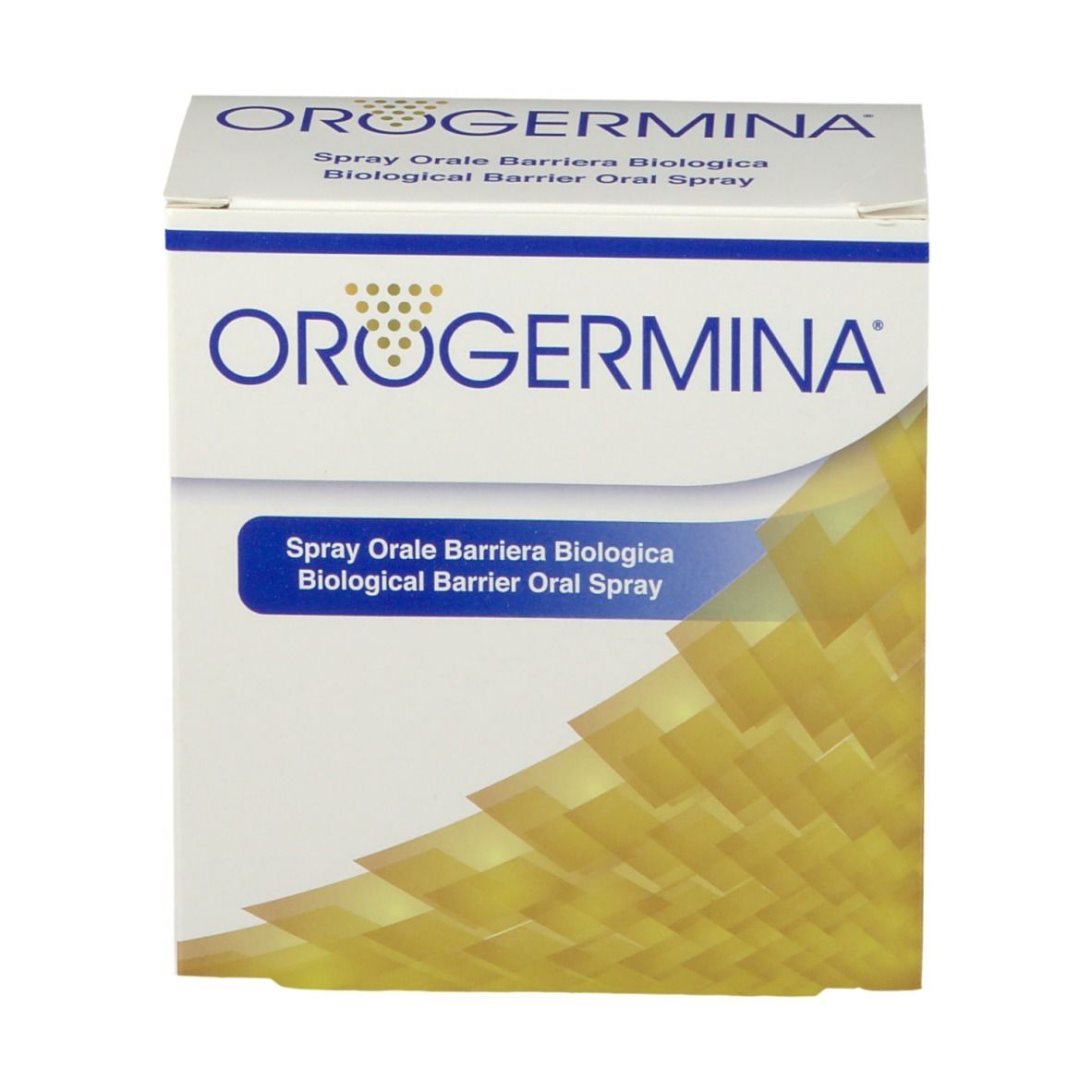 Scatola bianca con nome prodotto OROGERMINA. Elementi blu e gialli. Testo: Spray Orale Barriera Biologica, Biological Barrier Oral Spray.