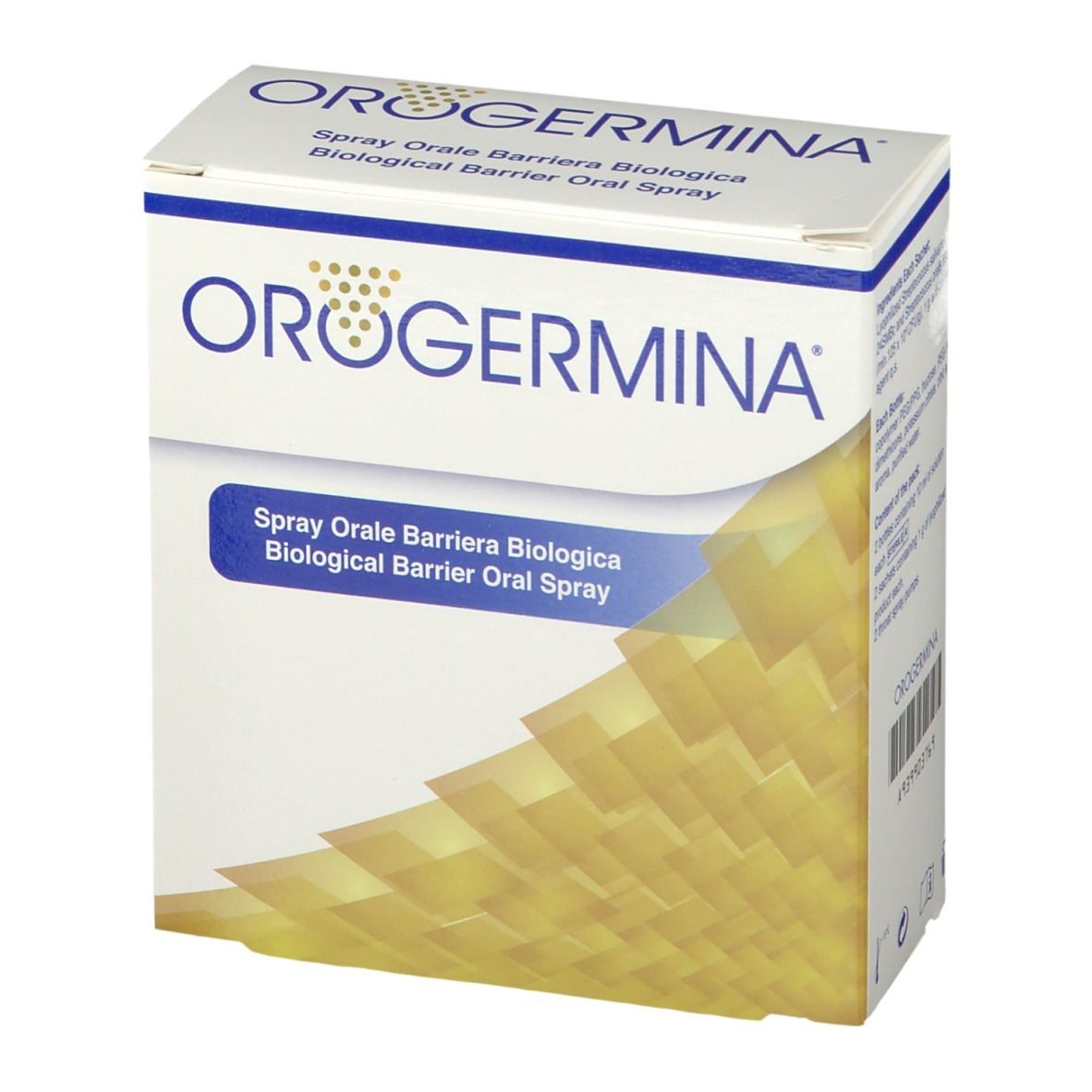 Scatola bianca con nome prodotto OROGERMINA. Elementi blu e gialli. Testo: Spray Orale Barriera Biologica, Biological Barrier Oral Spray.