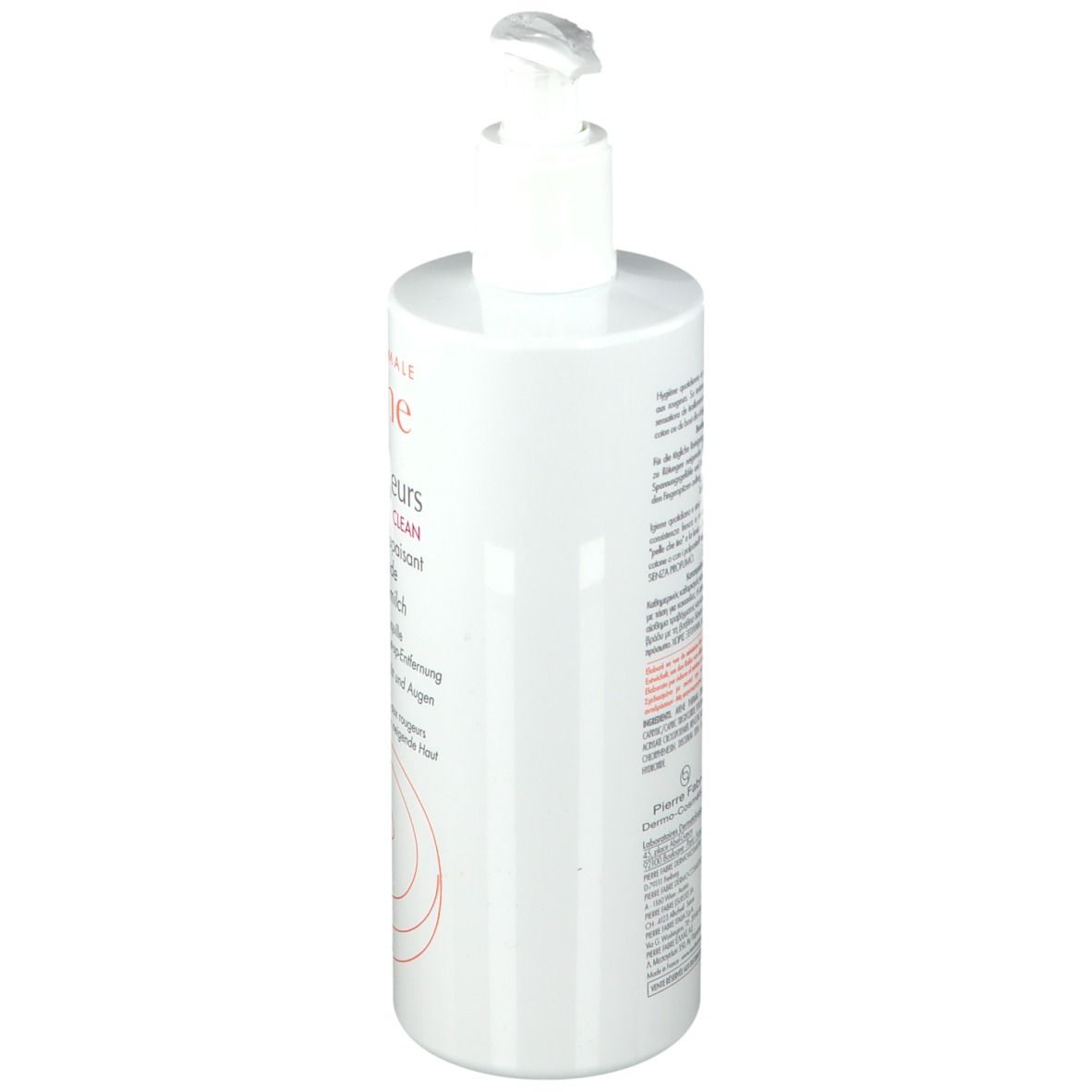 Weiße Flasche mit Pumpe. Aufschrift: Eau Thermale Avène Antirougeurs CLEAN. Beruhigende Reinigungsmilch. 400 ml.