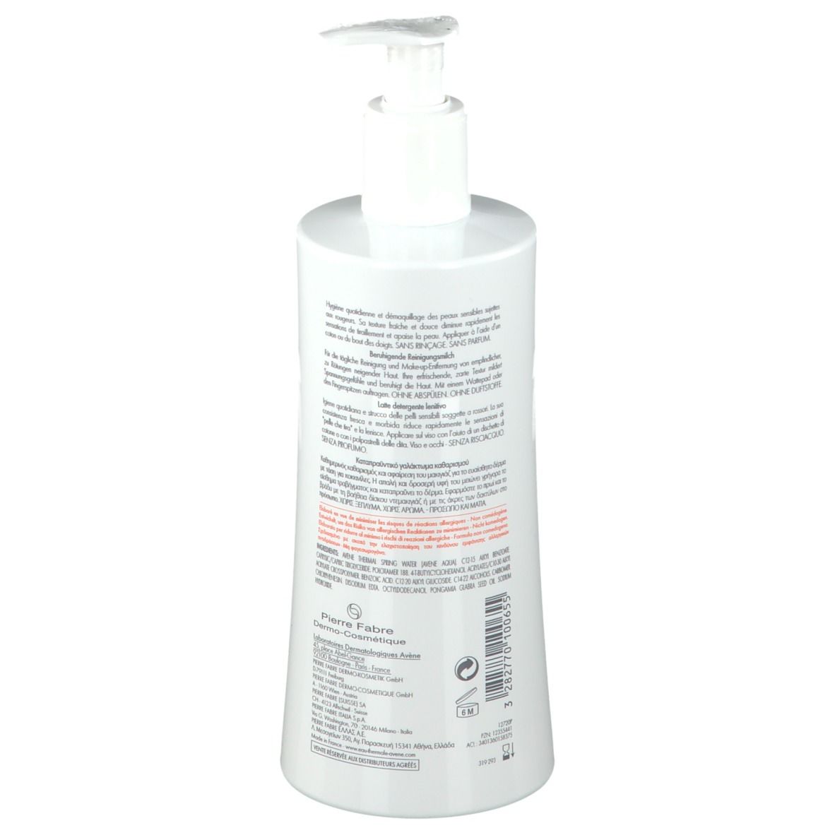 Rückseite der weißen Flasche mit Text. Enthält Informationen über die Anwendung und Inhaltsstoffe. Mit Barcode.