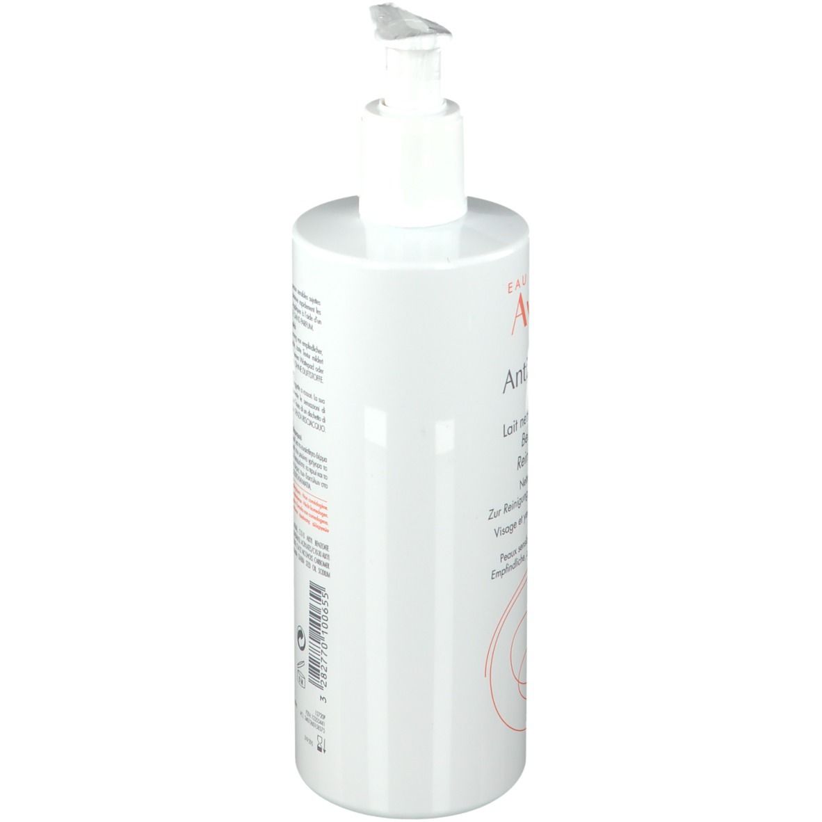 Weiße Flasche mit Pumpe. Aufschrift: Eau Thermale Avène Antirougeurs CLEAN. Beruhigende Reinigungsmilch. 400 ml.