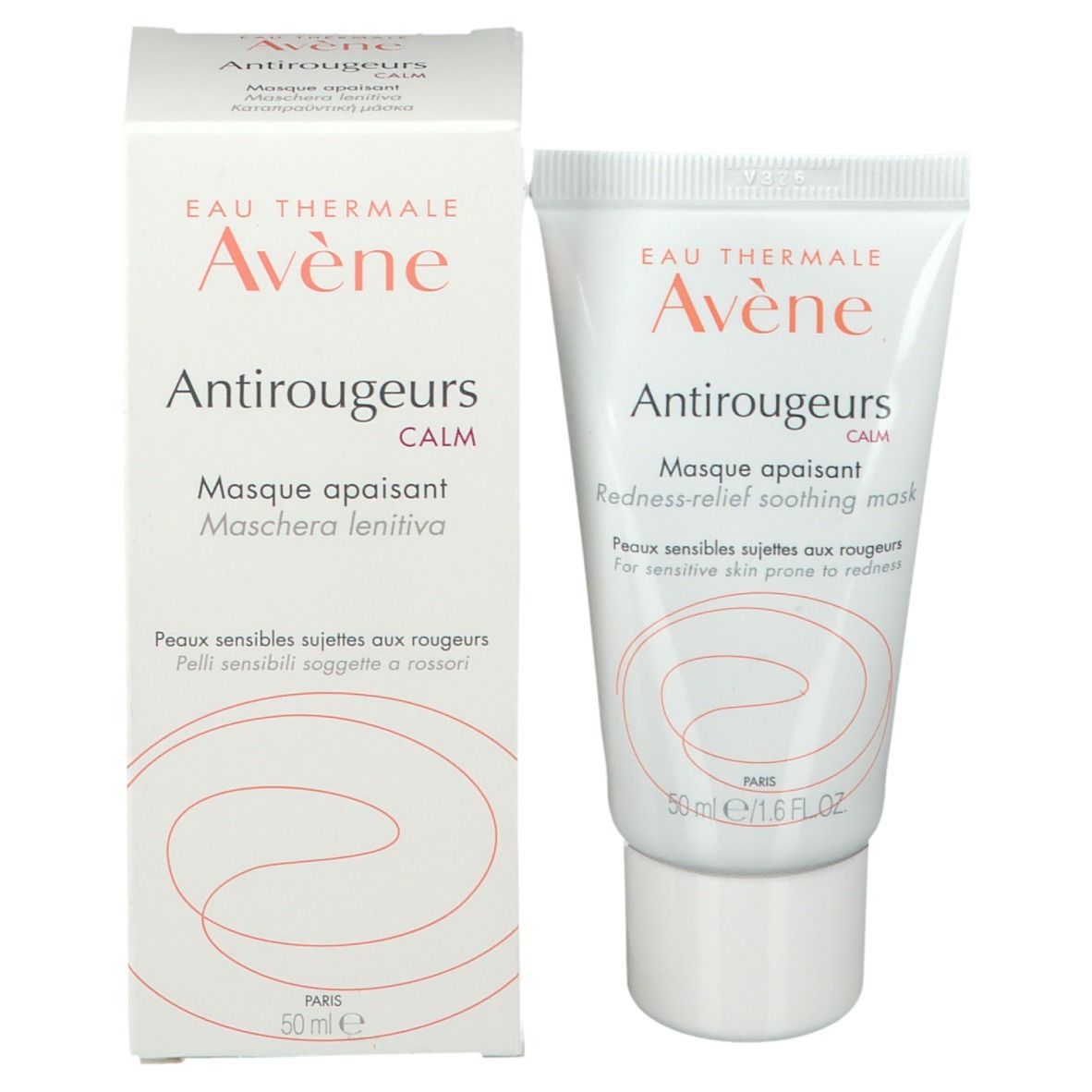 Produit et emballage côte à côte. Tube et boîte avec nom et logo du produit.