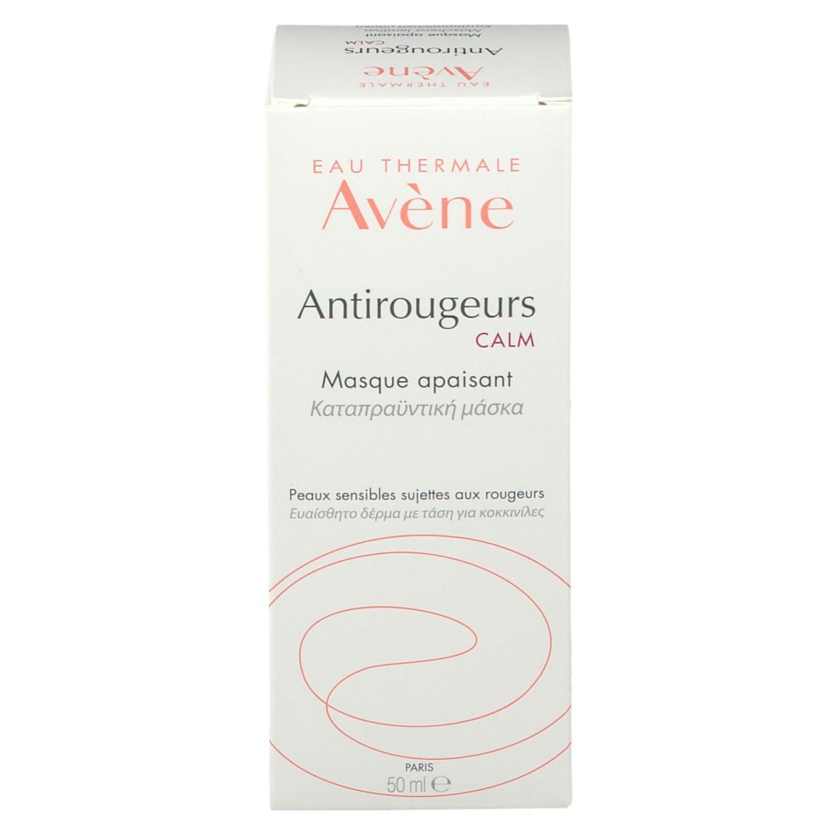 Emballage blanc avec nom du produit et logo. Contient 50 ml. Texte en français et grec.