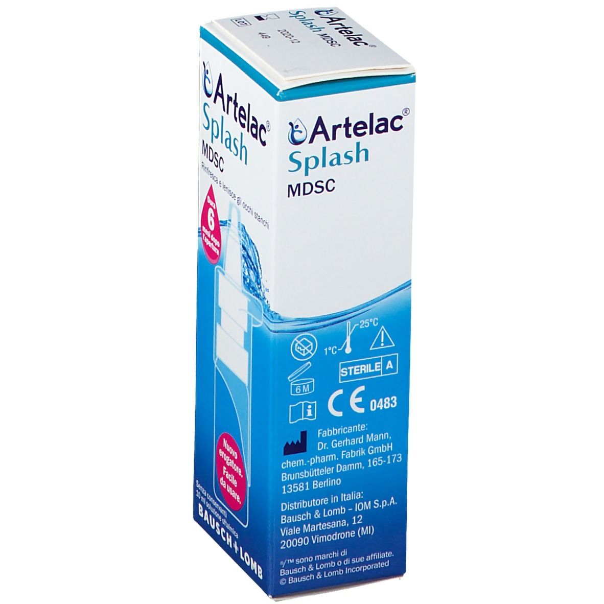 Verpackung von Artelac Splash MDSC.  Enthält Informationen zu Hersteller, Vertrieb und Zertifizierungen.  Das CE-Zeichen ist sichtbar.