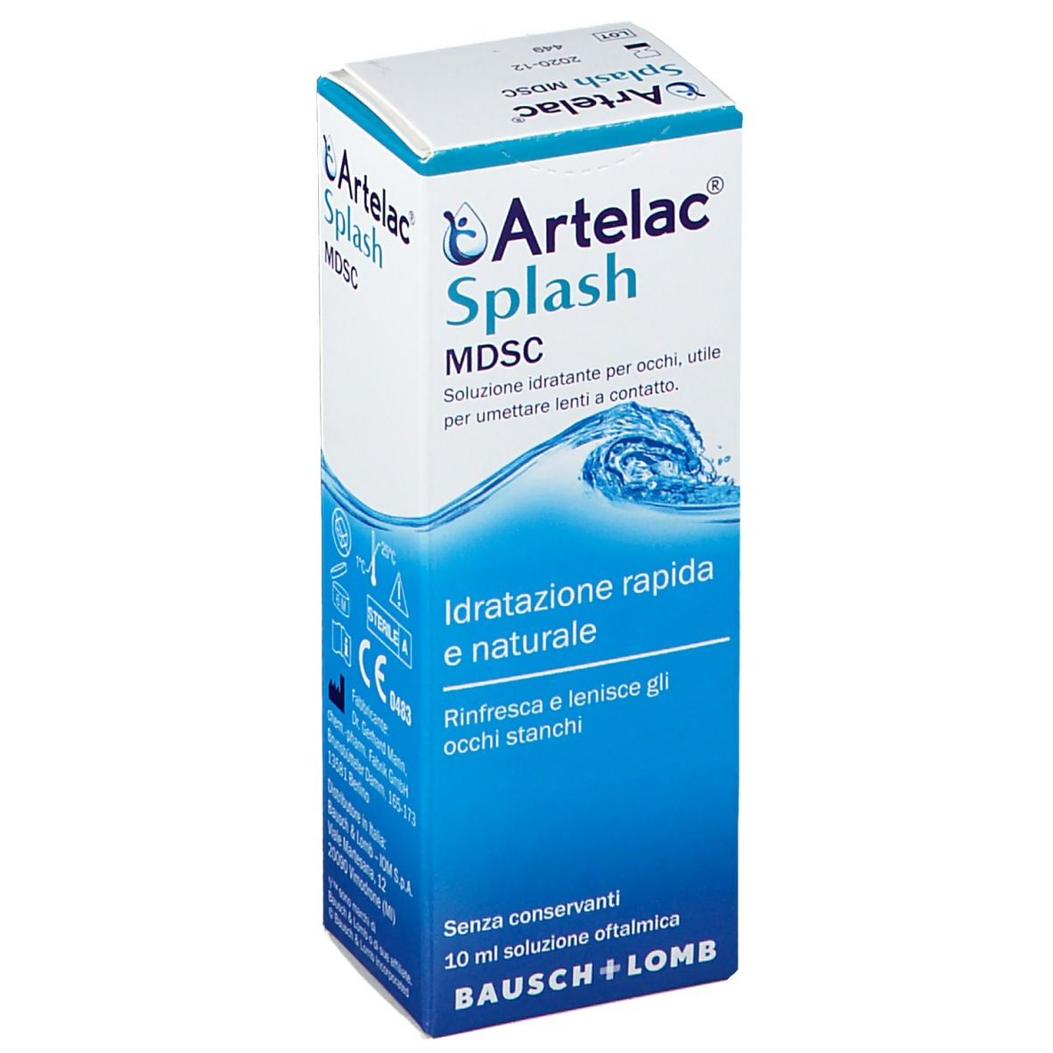 Verpackung von Artelac Splash MDSC.  Text: "Idratazione rapida e naturale".  Enthält Informationen über die Anwendung bei Kontaktlinsen.