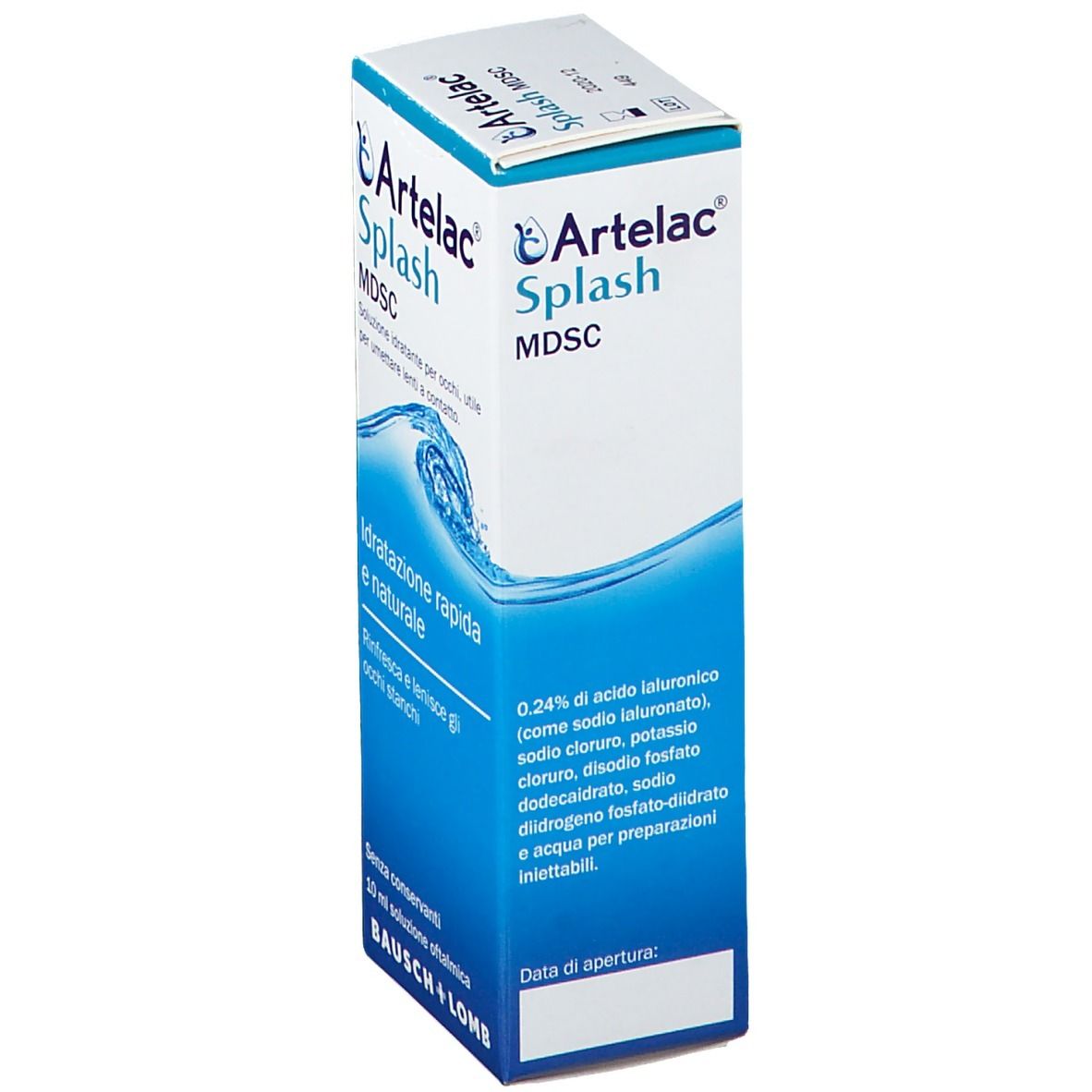 Verpackung von Artelac Splash MDSC.  Enthält Informationen über die Inhaltsstoffe, einschließlich Hyaluronsäure.