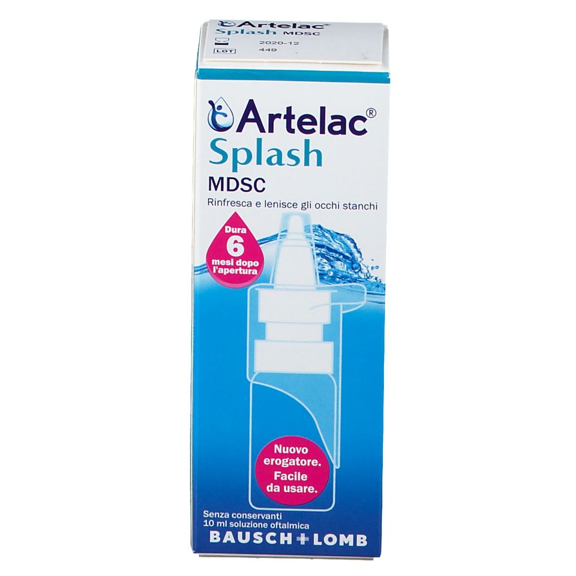 Verpackung von Artelac Splash MDSC.  Zeigt eine Flasche mit Augentropfen und die Aufschrift "Nuovo erogatore. Facile da usare".