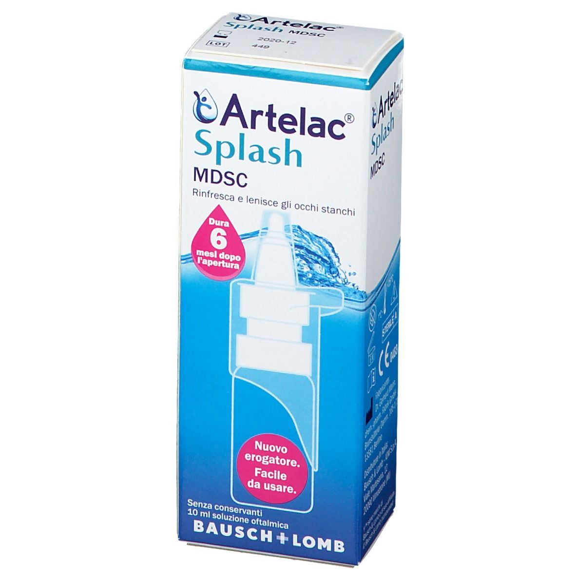 Verpackung von Artelac Splash MDSC.  Zeigt eine Flasche mit Augentropfen und die Aufschrift "Nuovo erogatore. Facile da usare".