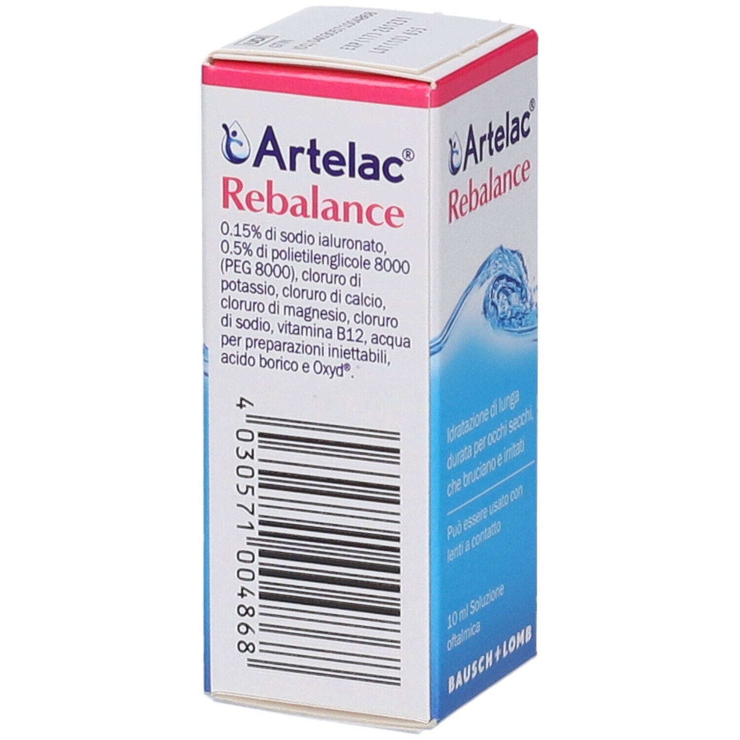 Artelac Rebalance Verpackung. Weiße und rosa Schachtel mit Produktnamen und Inhaltsstoffen. Bausch + Lomb Logo.