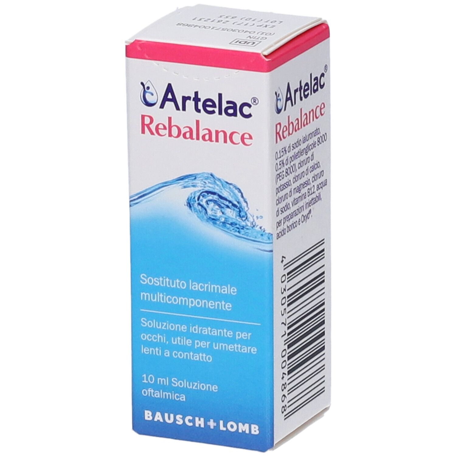 Artelac Rebalance Verpackung. Weiße und rosa Schachtel mit Produktnamen und Text. Bausch + Lomb Logo.