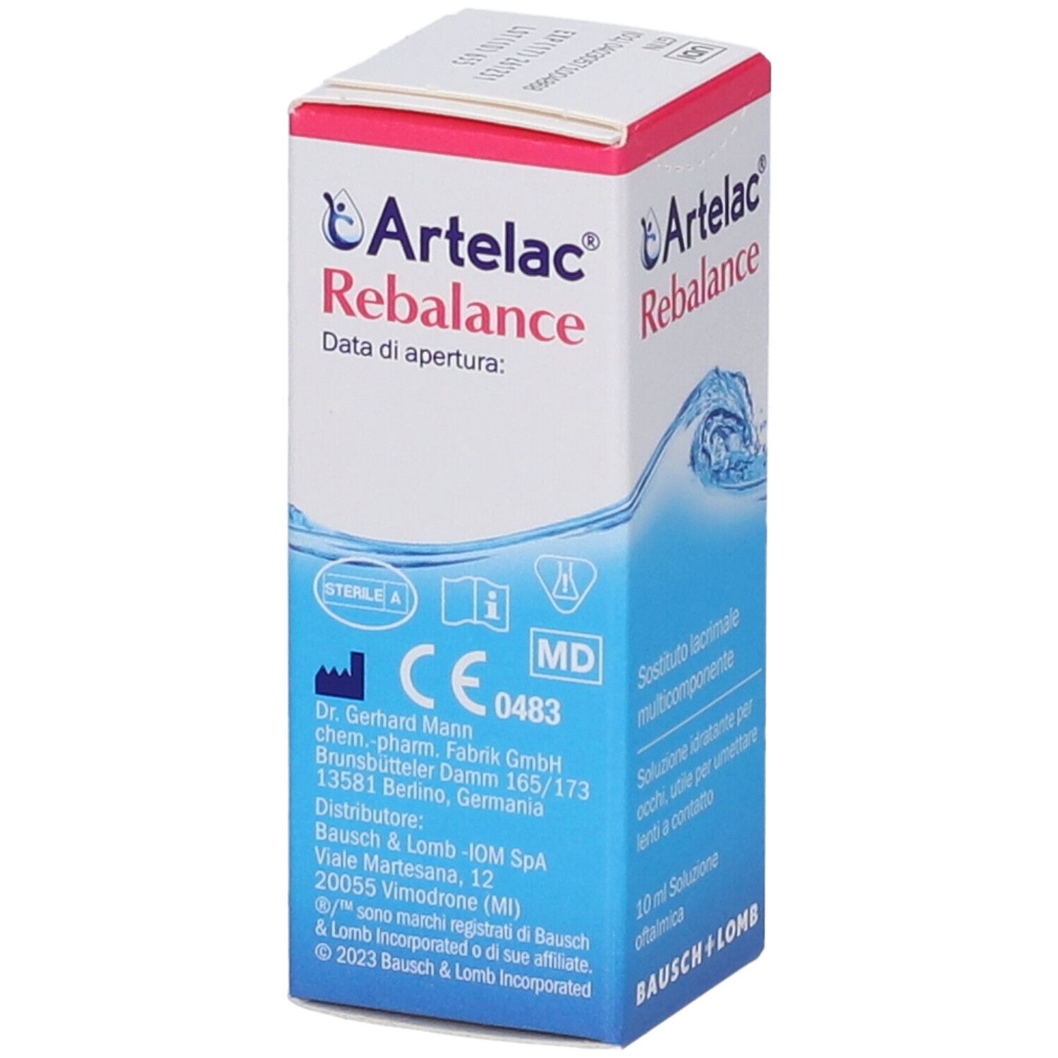 Artelac Rebalance Verpackung. Weiße und rosa Schachtel mit Produktnamen und Informationen. Bausch + Lomb Logo.