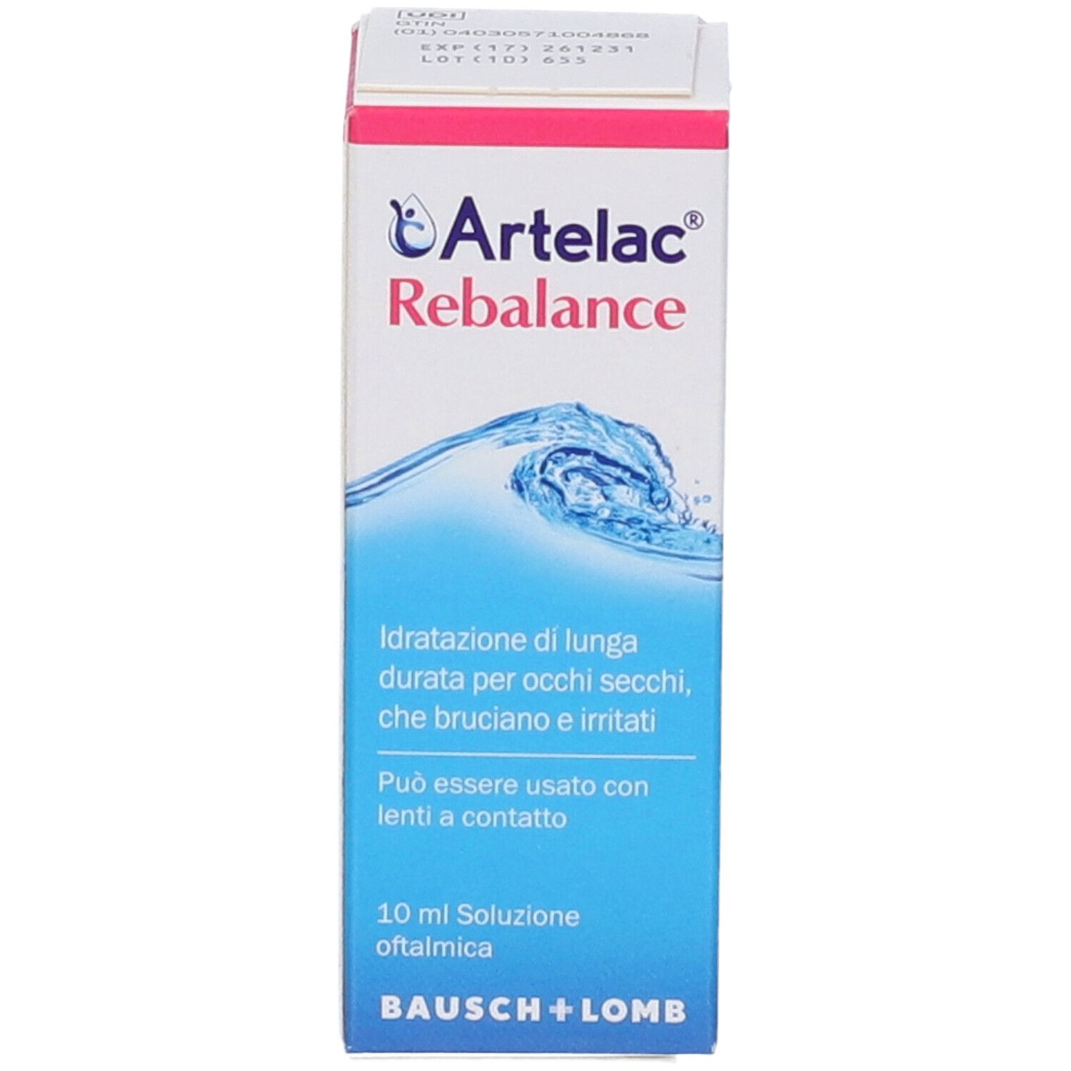 Artelac Rebalance Verpackung. Weiße und rosa Schachtel mit Produktnamen und Text. Bausch + Lomb Logo.
