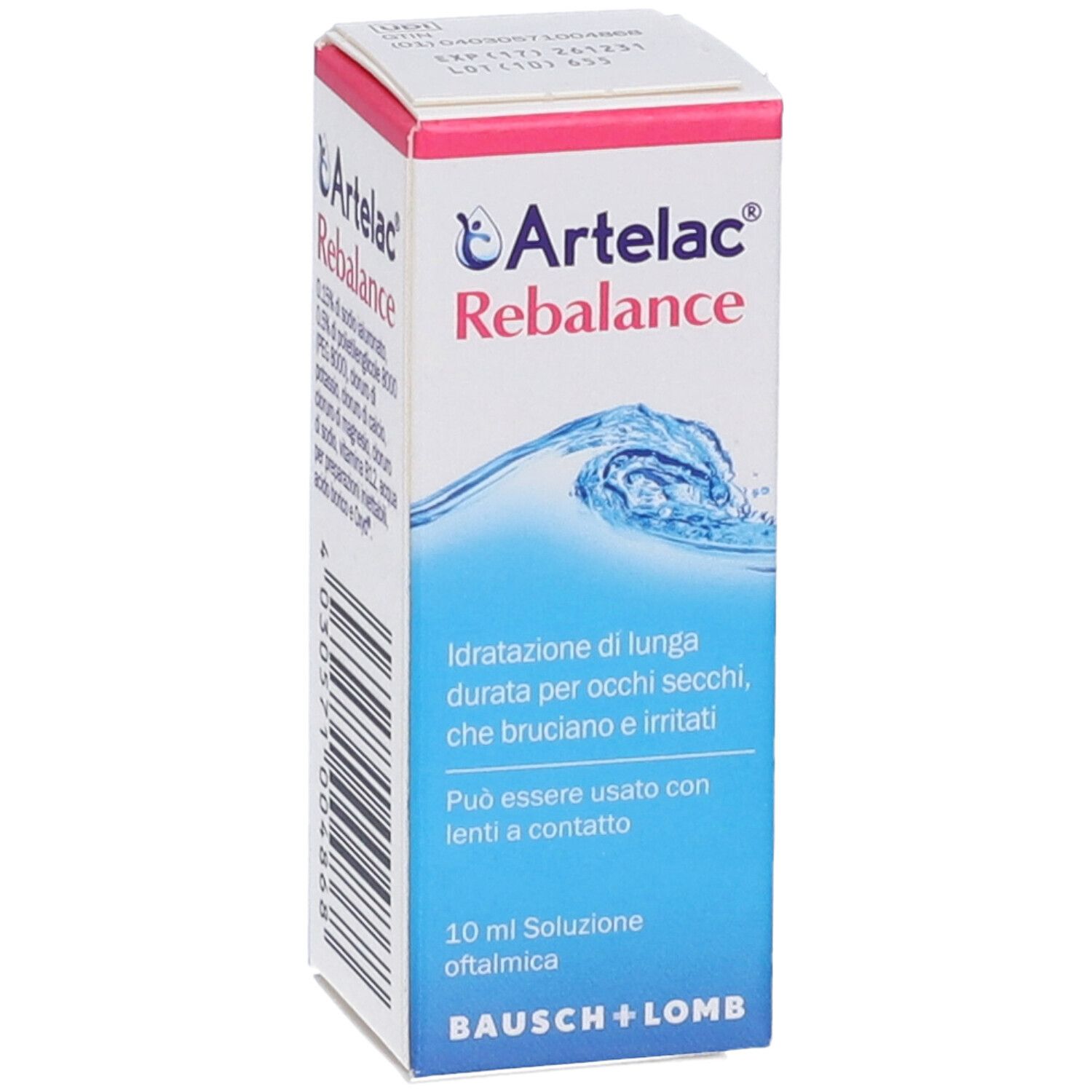 Artelac Rebalance Verpackung. Weiße und rosa Schachtel mit Produktnamen und Text. Bausch + Lomb Logo.