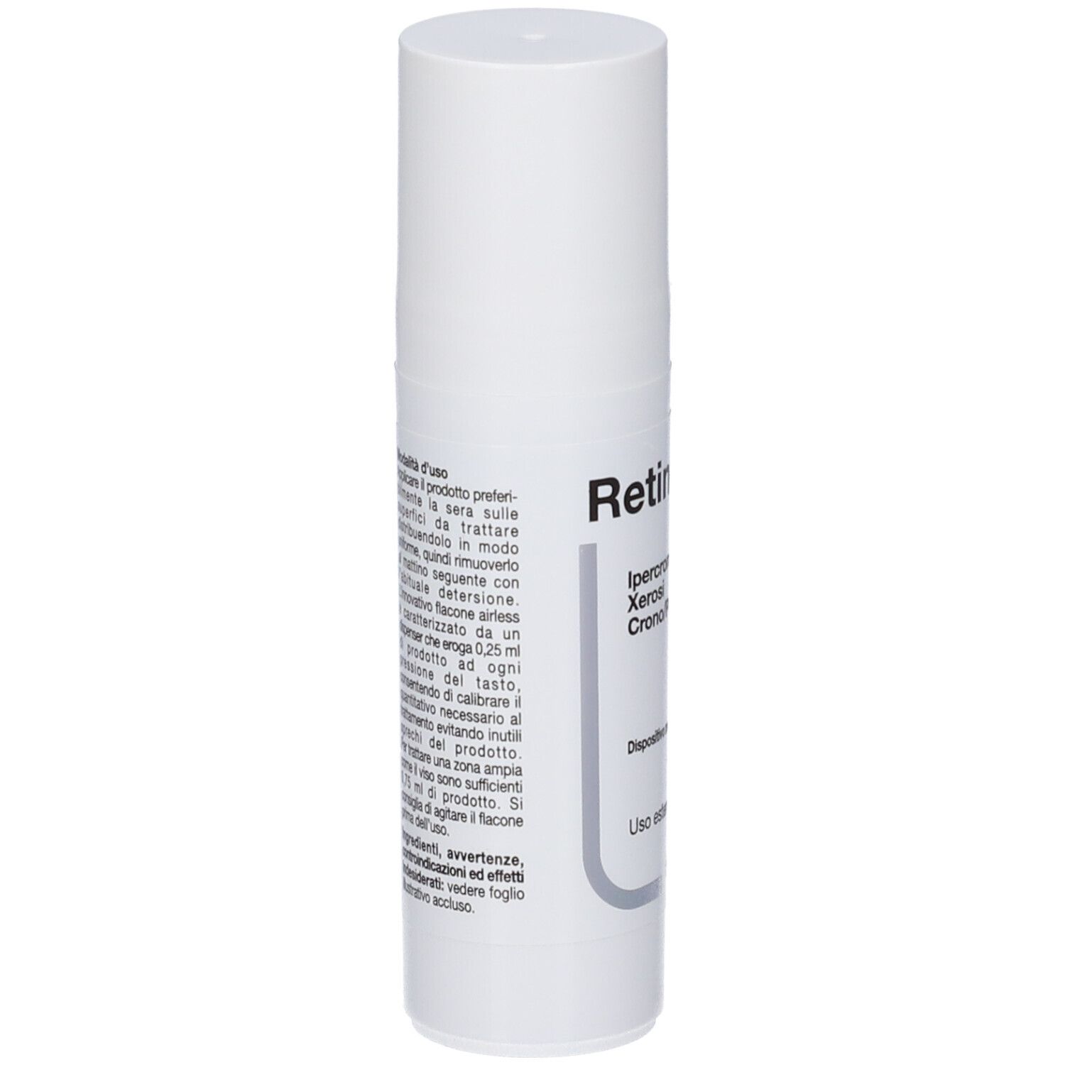 Weiße Flasche RetinCARE. Text auf Italienisch. CE-Kennzeichnung. Logo Cantabria Labs. Gebrauchsanweisung.