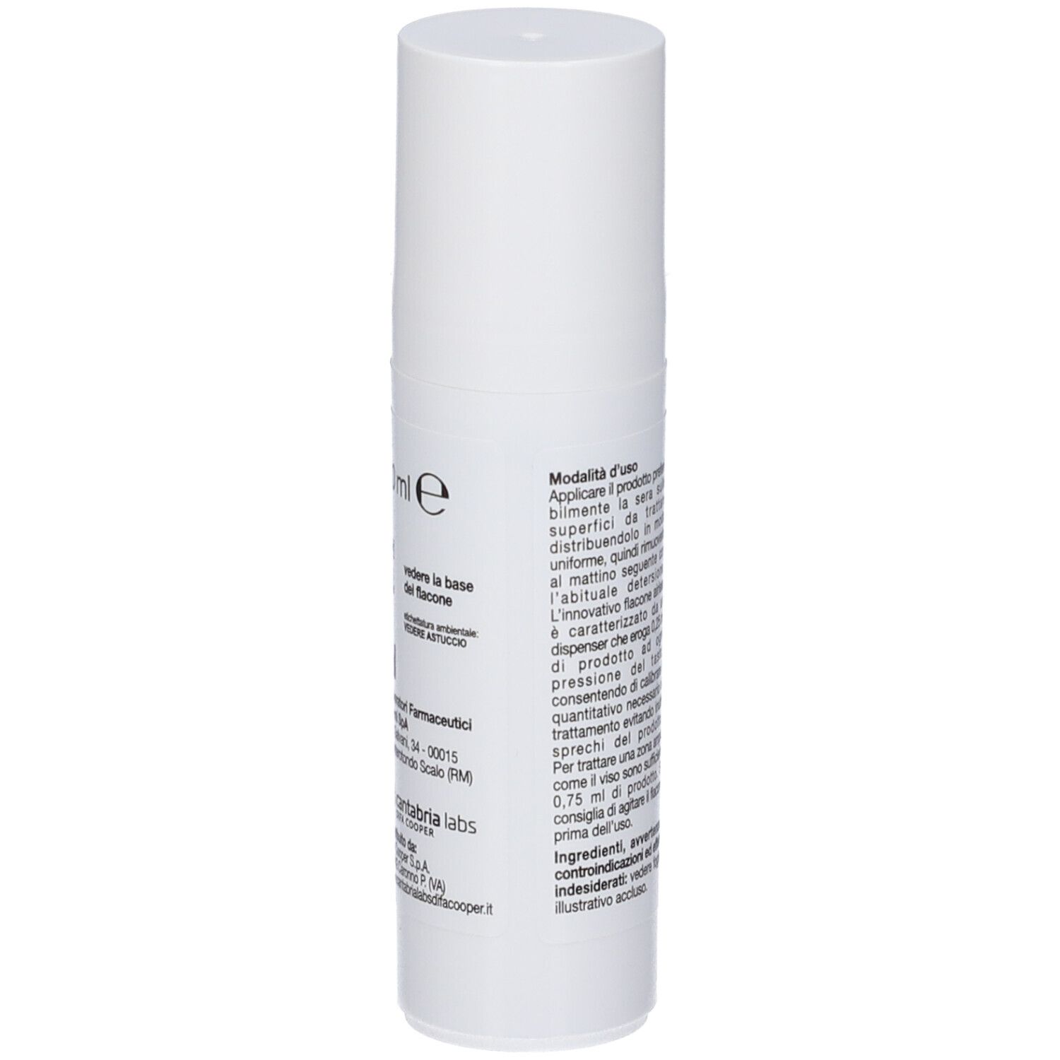 Weiße Flasche RetinCARE. Text auf Italienisch. Logo Cantabria Labs. Informationen zur Anwendung. 30 ml.