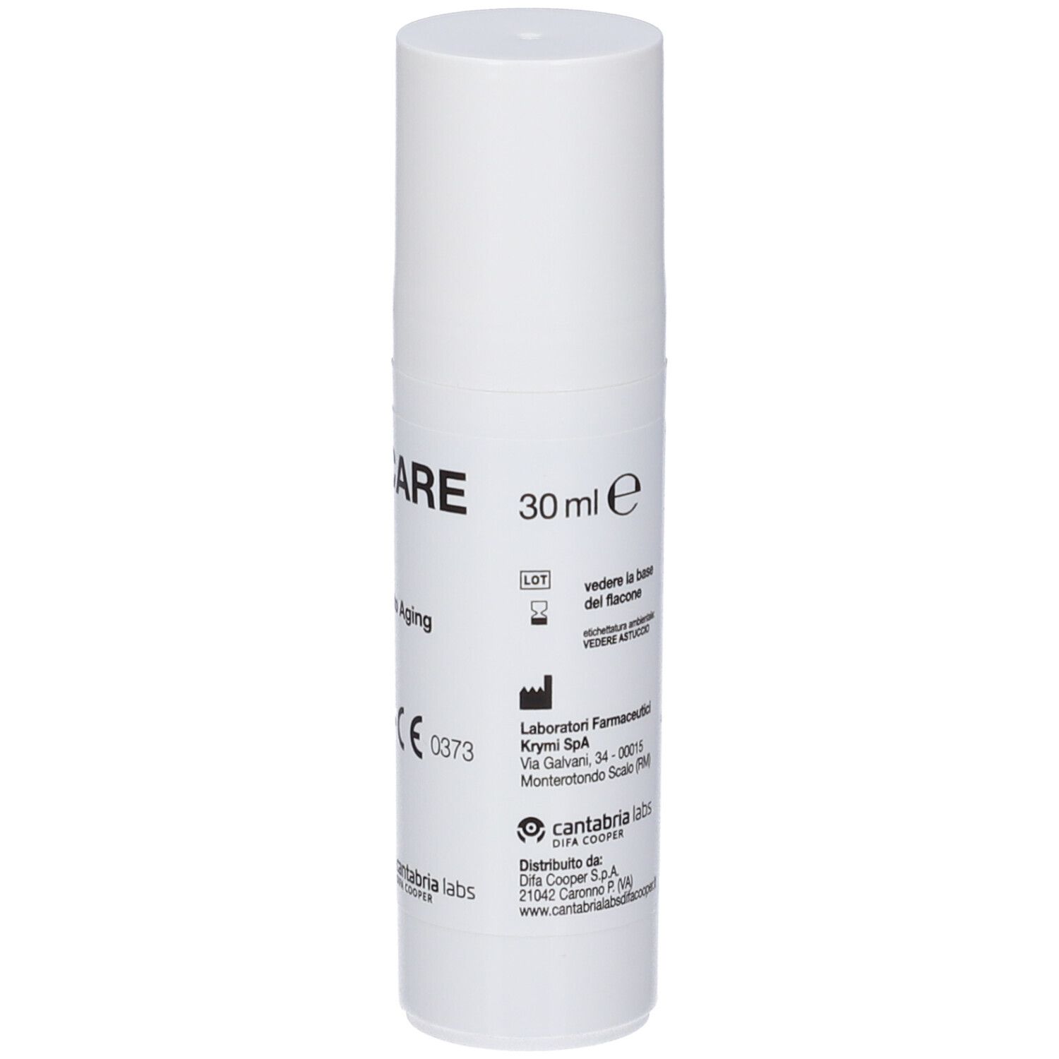 Weiße Flasche RetinCARE. 30 ml. CE-Kennzeichnung. Logo Cantabria Labs. Informationen zur Herstellung.