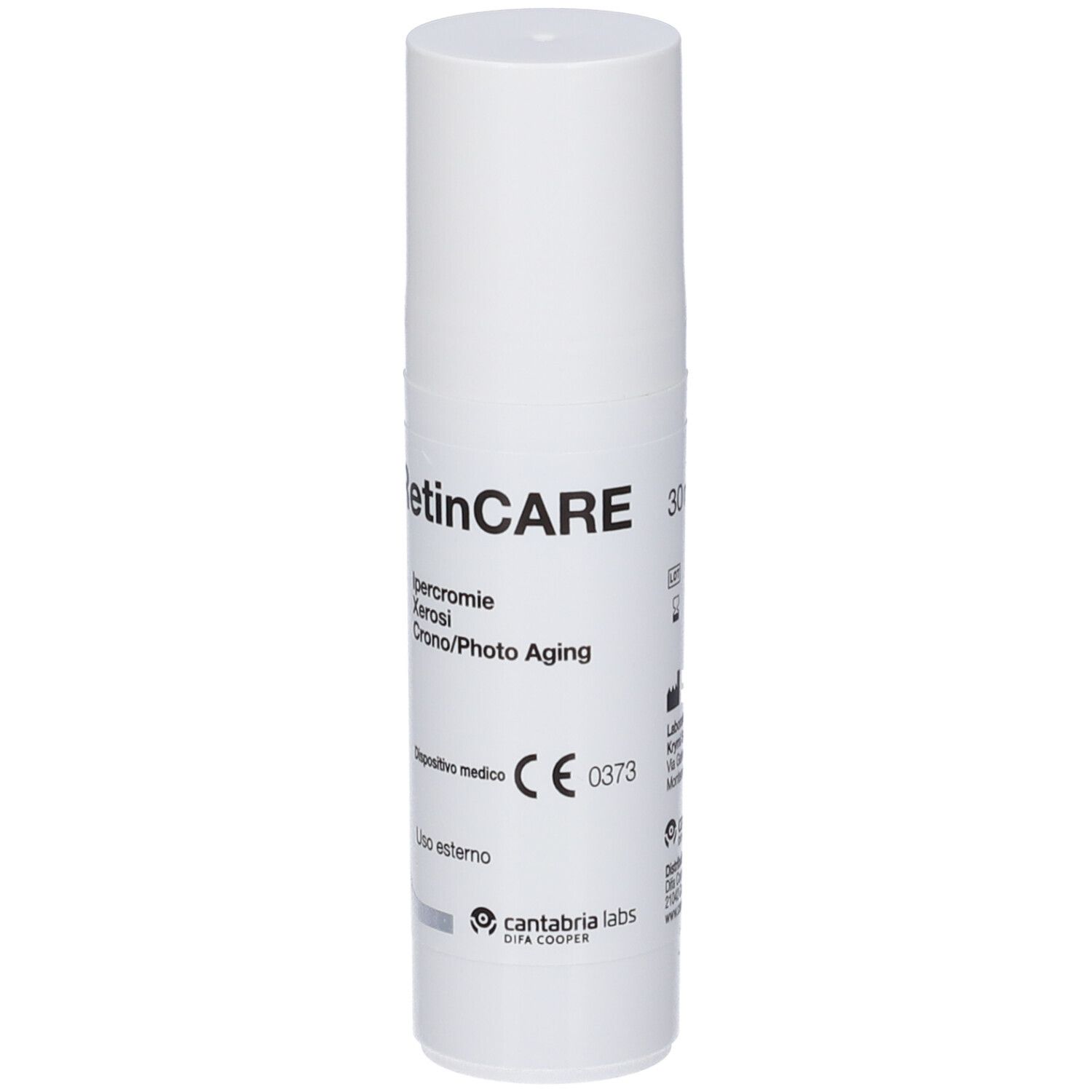Weiße Flasche RetinCARE. Text: Ipercromie, Xerosi, Crono/Photo Aging. CE-Kennzeichnung. Logo Cantabria Labs.