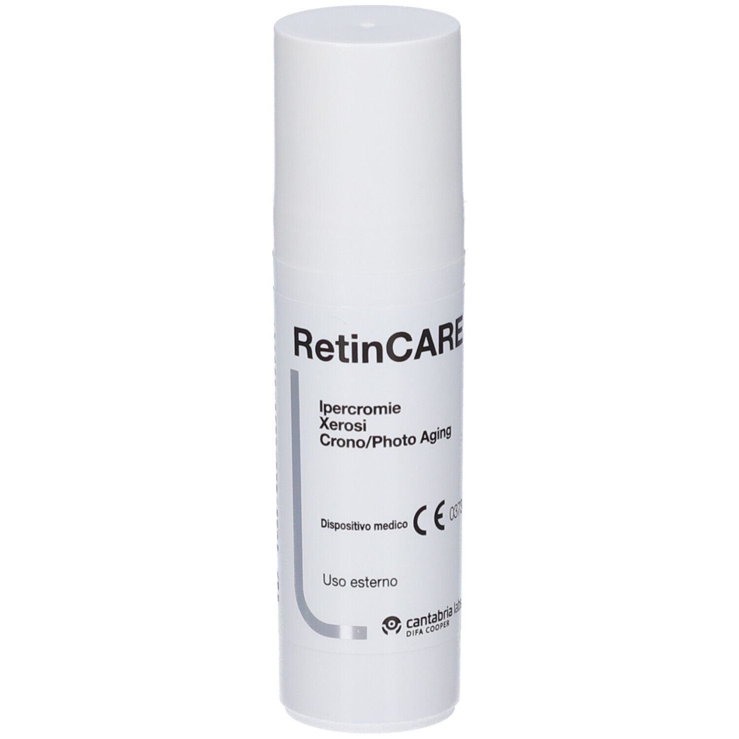 Weiße Flasche RetinCARE. Text: Ipercromie, Xerosi, Crono/Photo Aging. CE-Kennzeichnung. Logo Cantabria Labs.