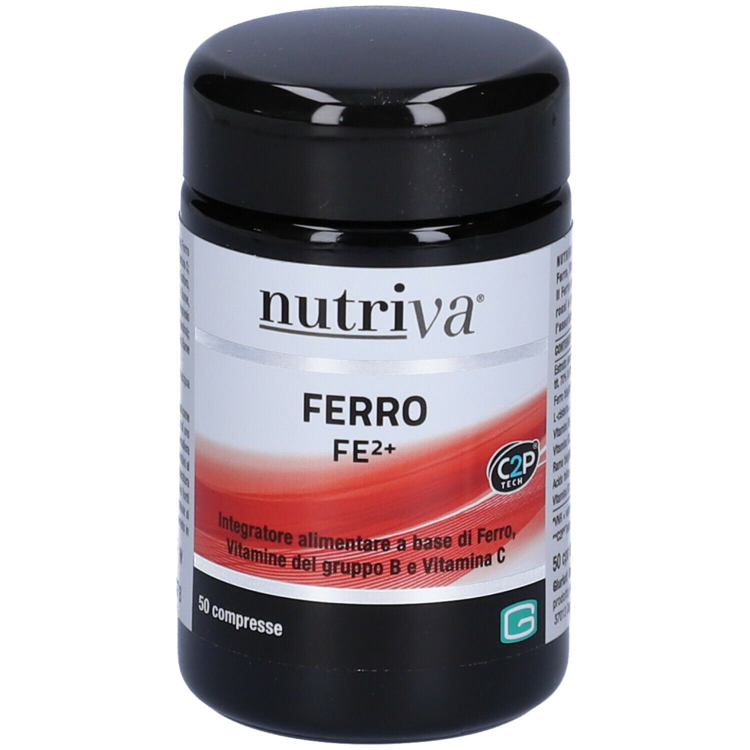 Schwarze Dose mit 'nutriva' und 'FERRO FE2+'. Enthält 50 Tabletten. Rote und weiße Beschriftung.