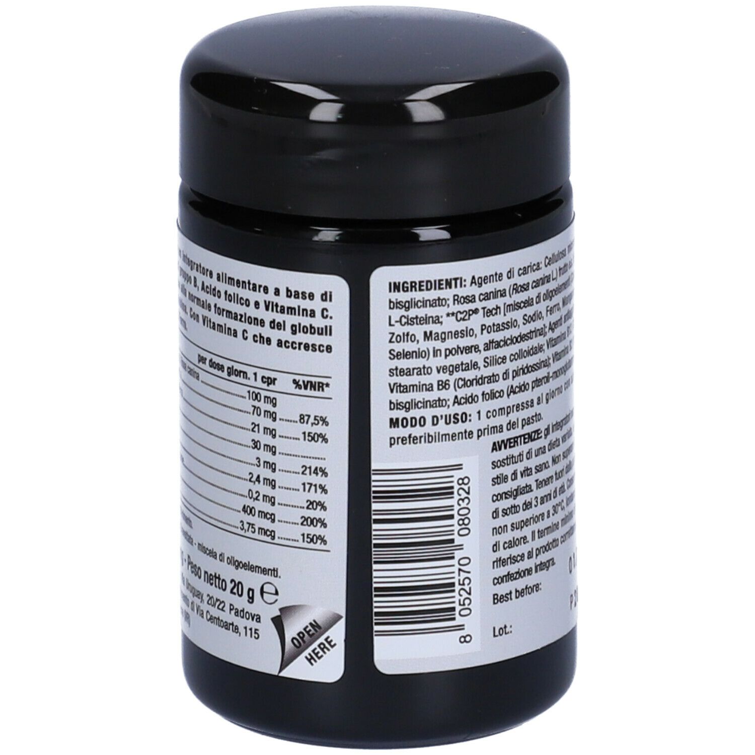 Schwarze Dose mit Inhaltsangaben und Nährwerttabelle. Weiße Schrift. 'Peso netto 20 g'.