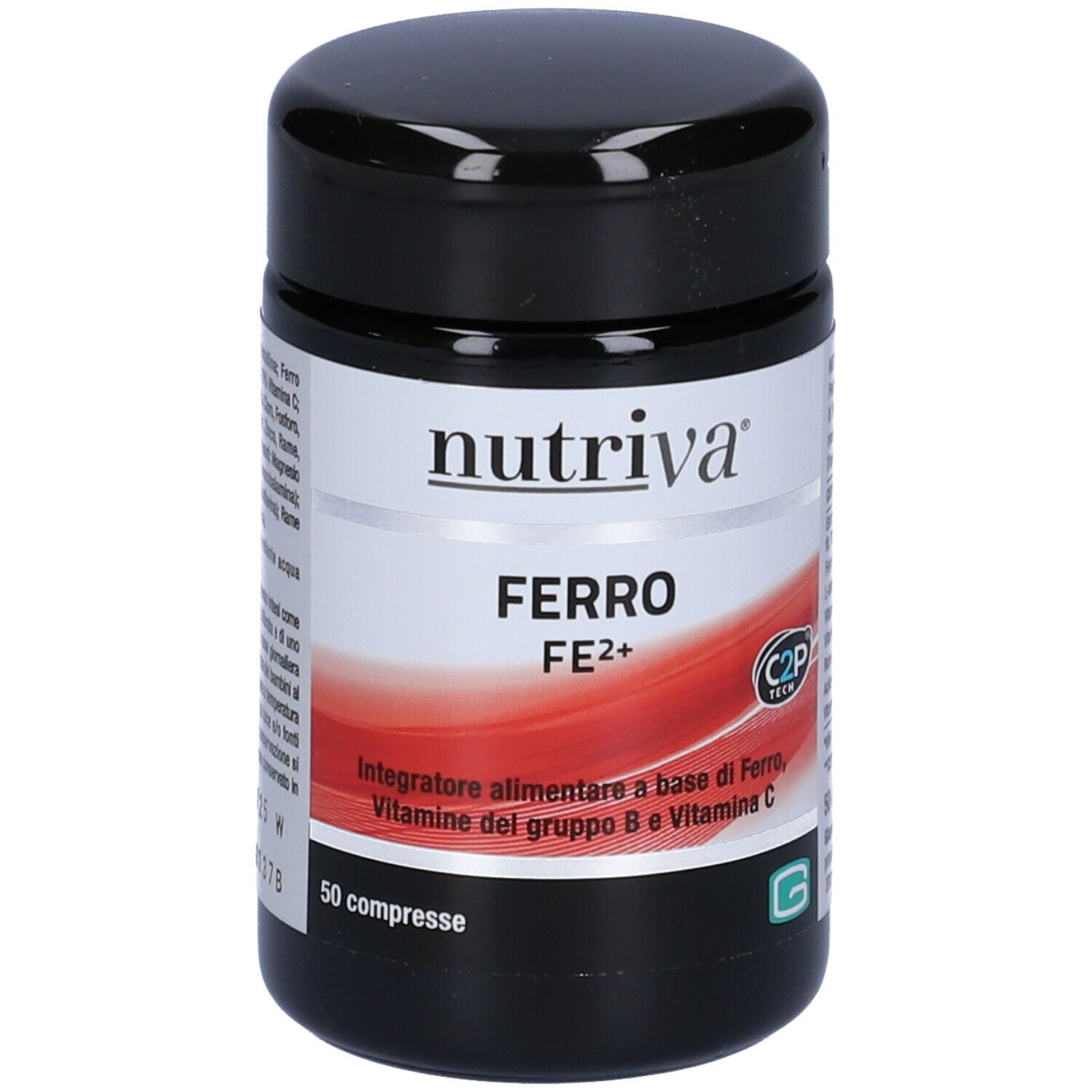 Schwarze Dose mit 'nutriva' und 'FERRO FE2+'. 50 Tabletten. Rote und weiße Beschriftung.