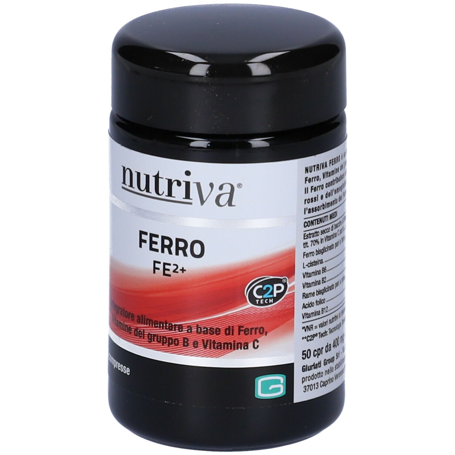 Schwarze Dose mit 'nutriva' und 'FERRO FE2+'. 50 Tabletten. Rote und weiße Beschriftung.