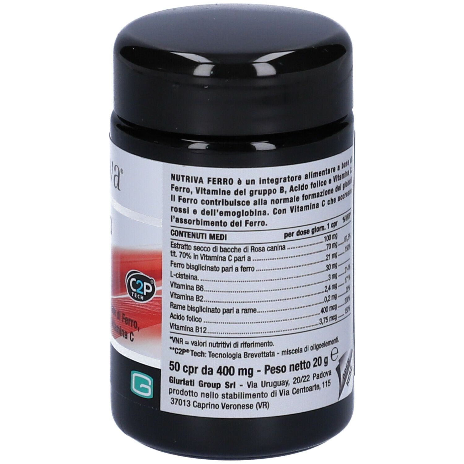 Schwarze Dose mit Inhaltsangaben und Nährwerttabelle. Weiße Schrift. '50 cpr da 400 mg - Peso 20 g'.