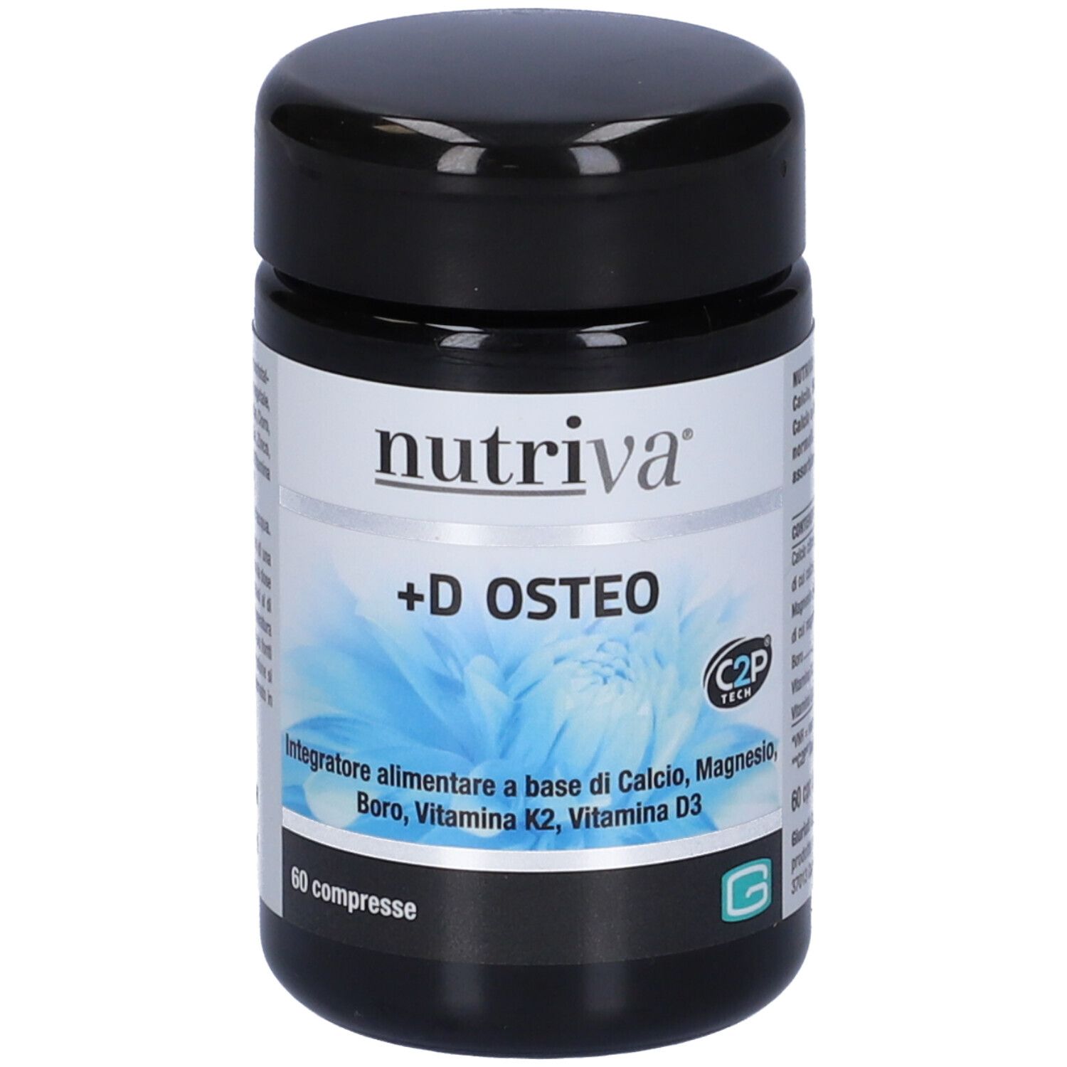 Barattolo nero con etichetta bianca. Scritta: Nutriva +D OSTEO. Contiene 60 compresse. Fiore blu sullo sfondo.