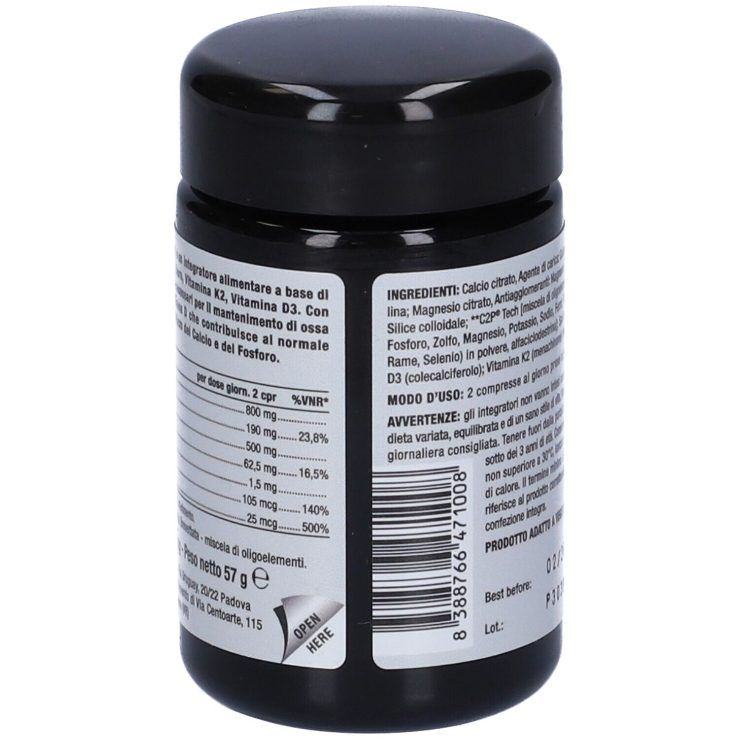 Barattolo nero con informazioni sugli ingredienti e tabella nutrizionale. Testo in italiano. Peso netto: 57g.