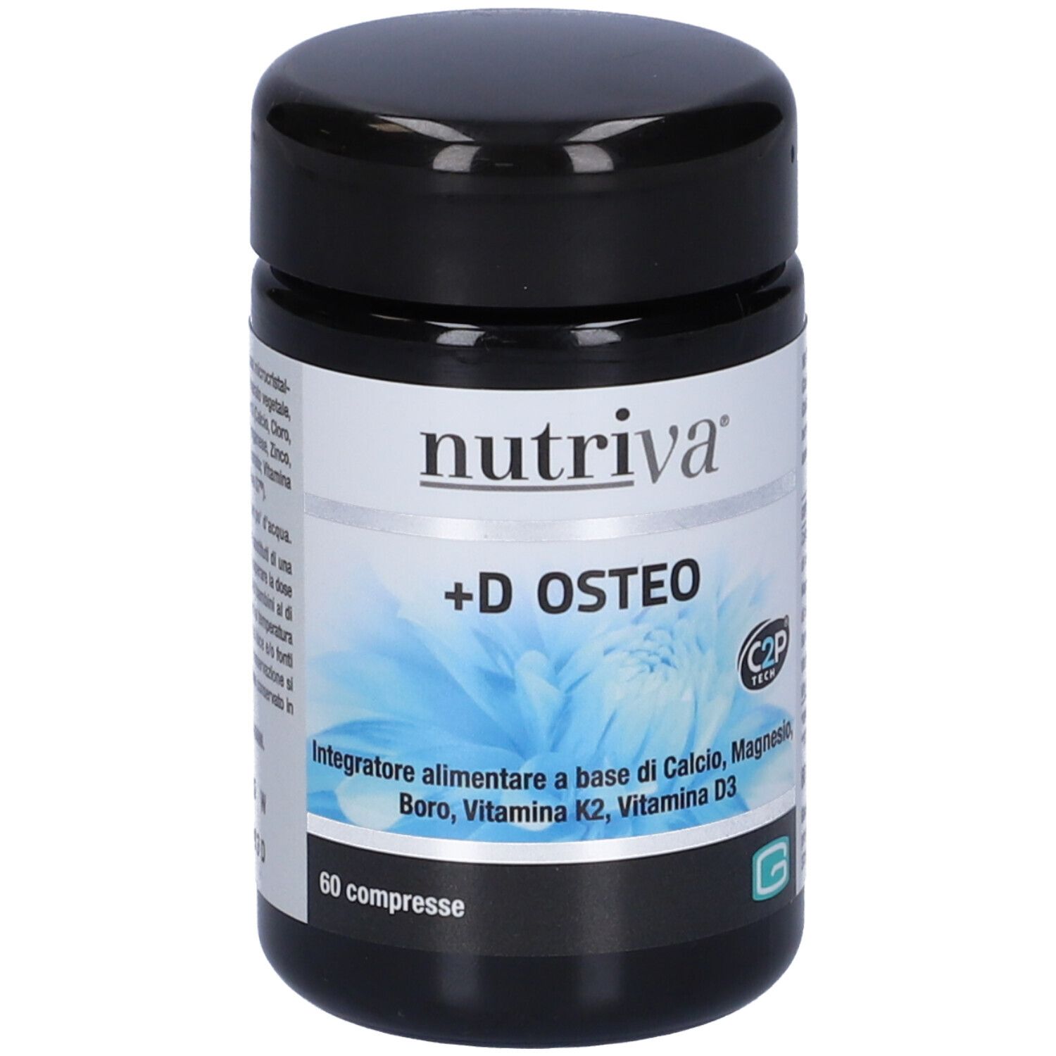 Barattolo nero con etichetta bianca. Scritta: Nutriva +D OSTEO. Contiene 60 compresse. Fiore blu sullo sfondo.