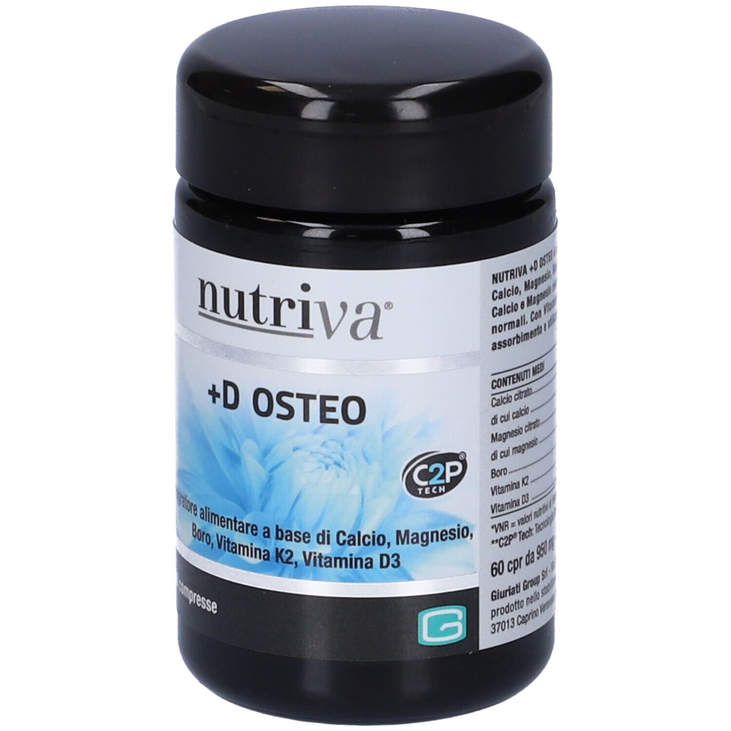 Barattolo nero con etichetta bianca. Scritta: Nutriva +D OSTEO. Contiene 60 compresse. Fiore blu sullo sfondo.