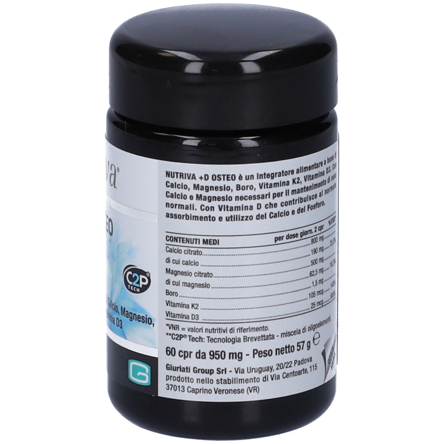 Barattolo nero con etichetta bianca. Scritta: Nutriva +D OSTEO. Contiene 60 compresse. Fiore blu sullo sfondo.