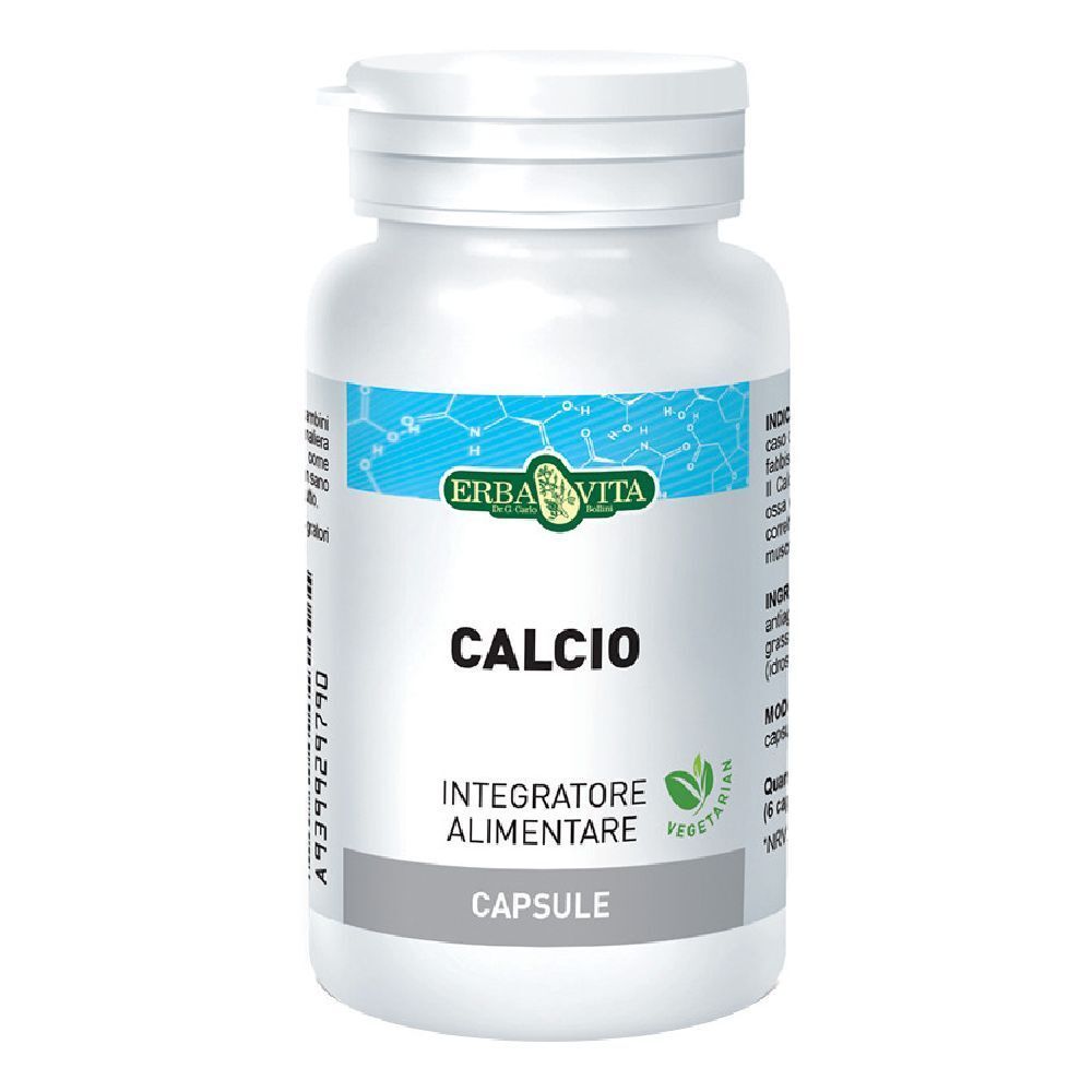 Flacone bianco di capsule con etichetta. Scritta: CALCIO, Integratore Alimentare, Erba Vita. Vegetariano.