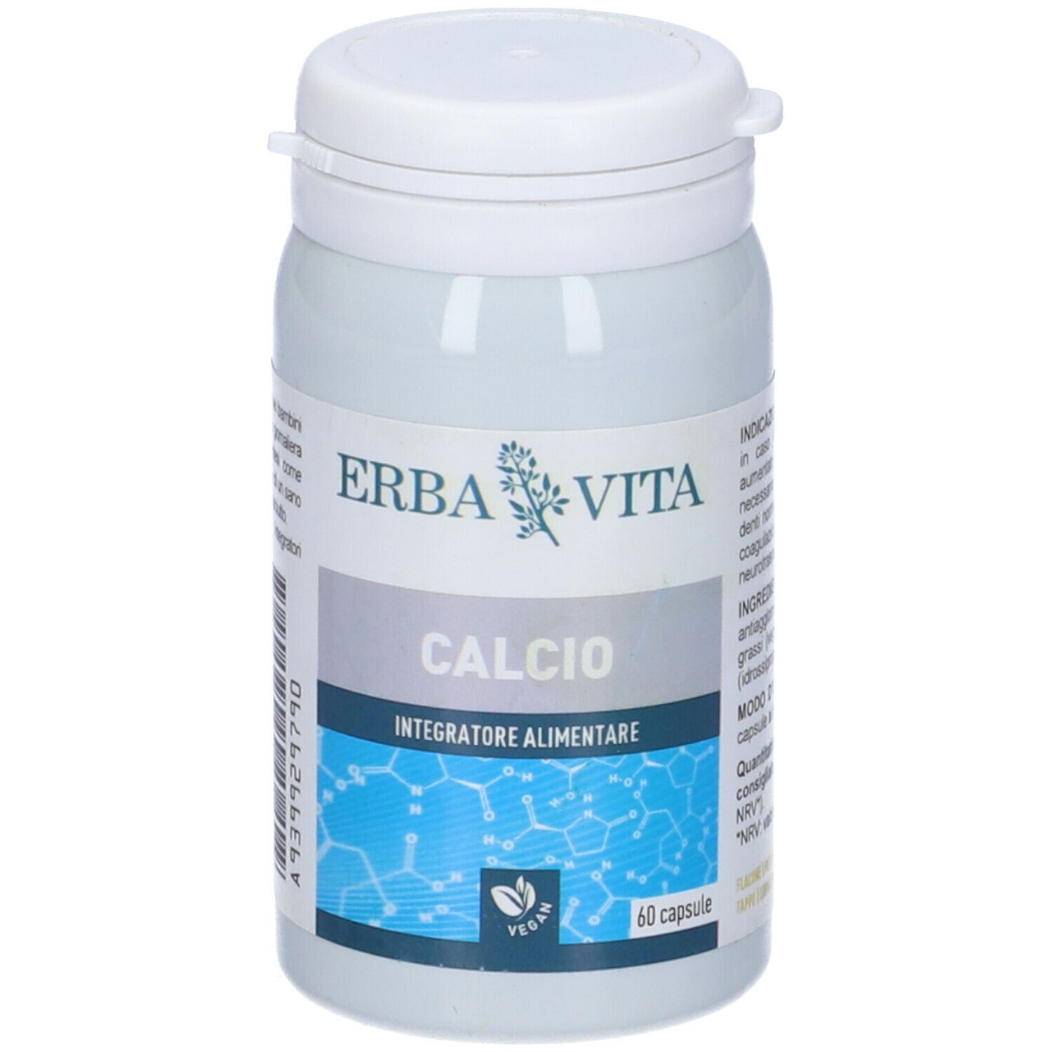 Flacone bianco di capsule con etichetta. Scritta: CALCIO, Integratore Alimentare, Erba Vita. 60 capsule, vegan.