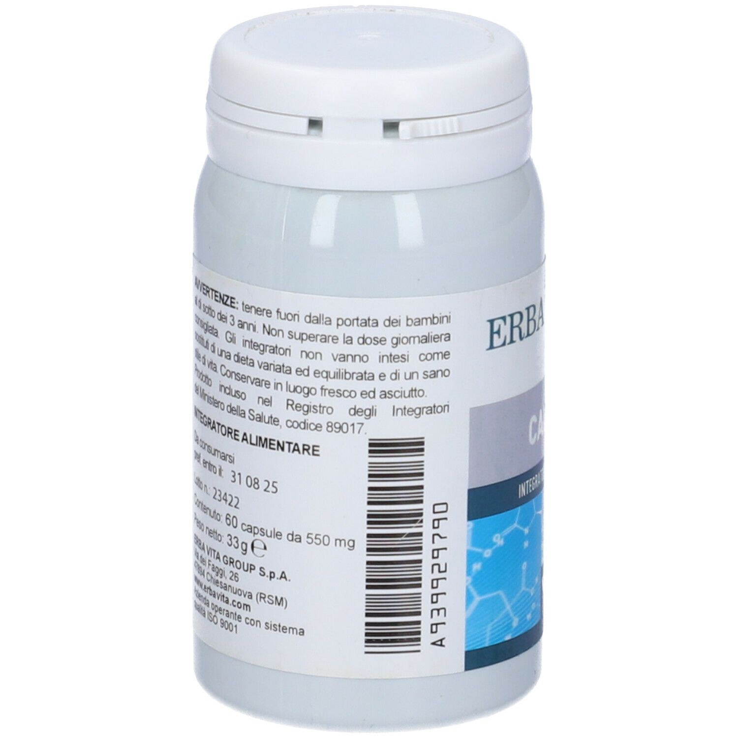 Retro di un flacone di capsule bianco. Etichetta con testo, tra cui Erba Vita, CALCIO, Integratore Alimentare. 60 capsule.
