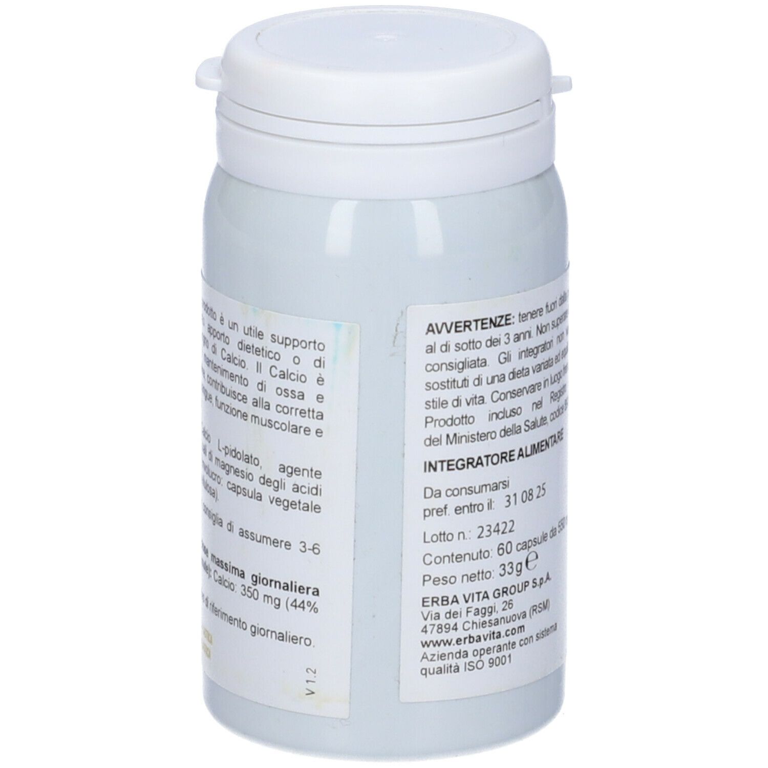 Flacone di capsule bianco con etichetta. Scritta: CALCIO, Integratore Alimentare, Erba Vita. Testo e informazioni.