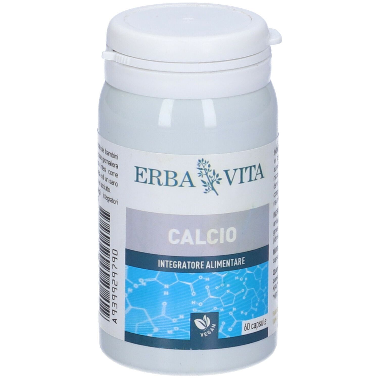 Flacone bianco di capsule con etichetta. Scritta: CALCIO, Integratore Alimentare, Erba Vita. 60 capsule, vegan.