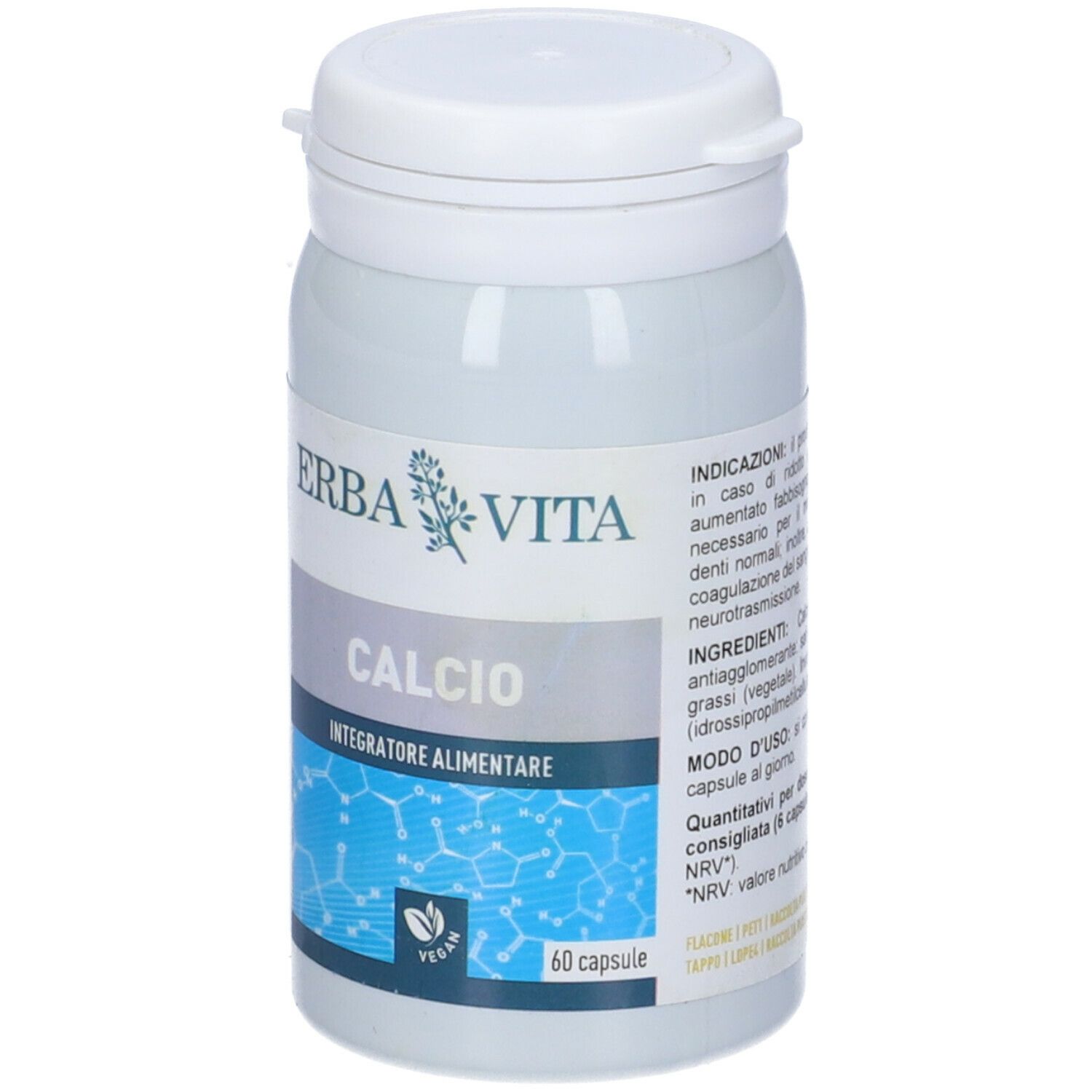 Flacone bianco di capsule con etichetta. Scritta: CALCIO, Integratore Alimentare, Erba Vita. 60 capsule.
