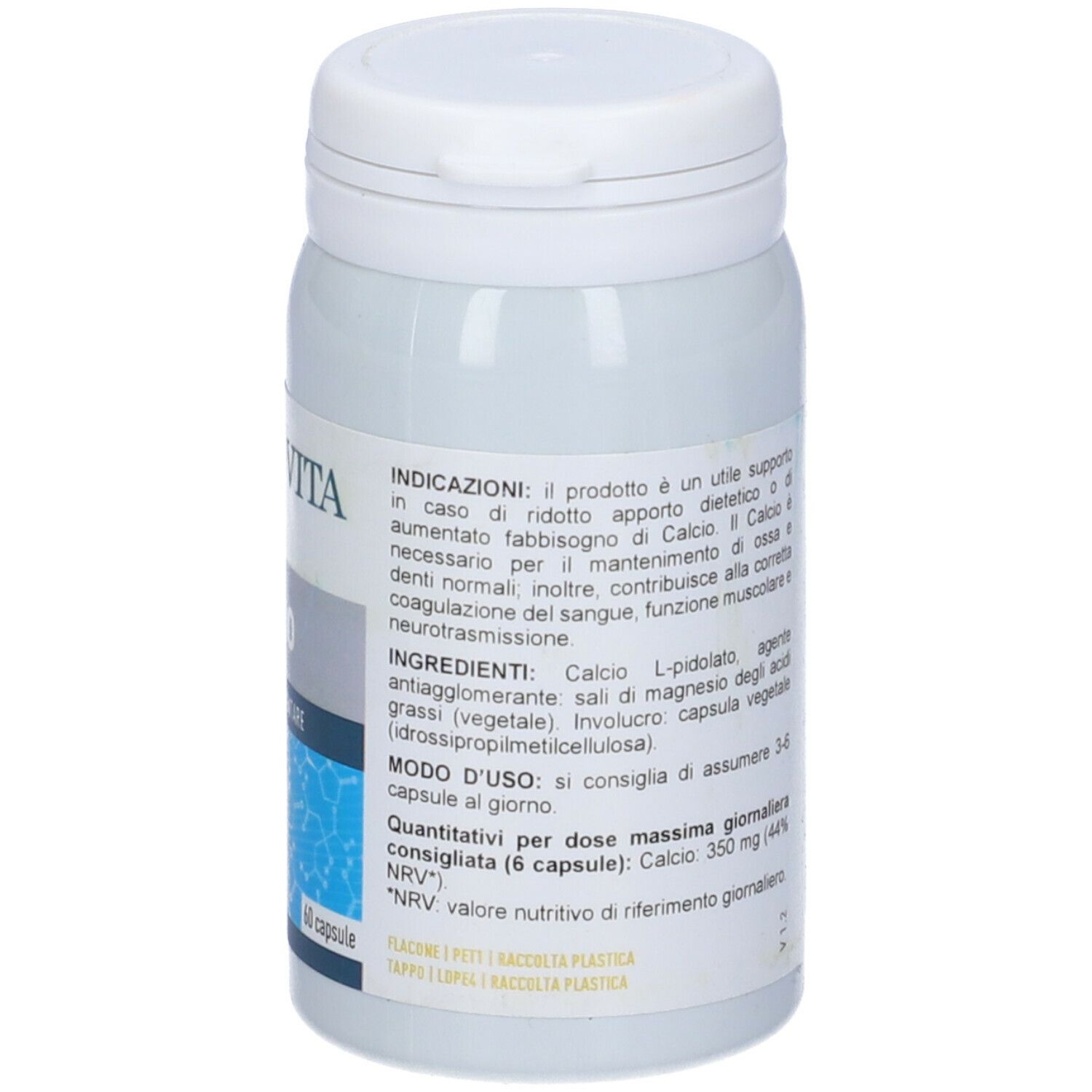 Retro di un flacone di capsule bianco. Etichetta con testo, tra cui Erba Vita, CALCIO, Integratore Alimentare. 60 capsule.