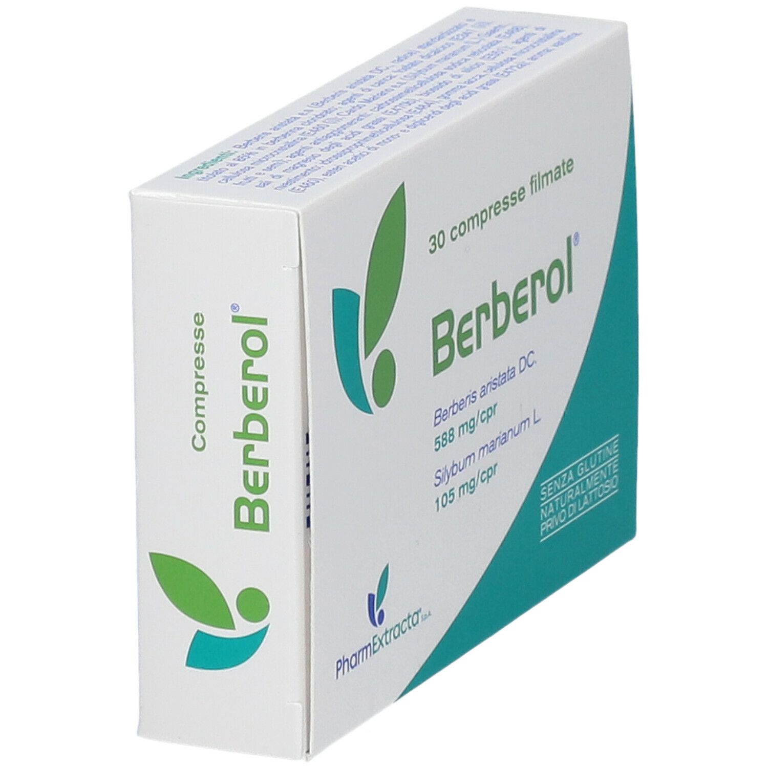 Scatola di compresse Berberol®, 30 pezzi. Vista laterale. Ingredienti e produttore.